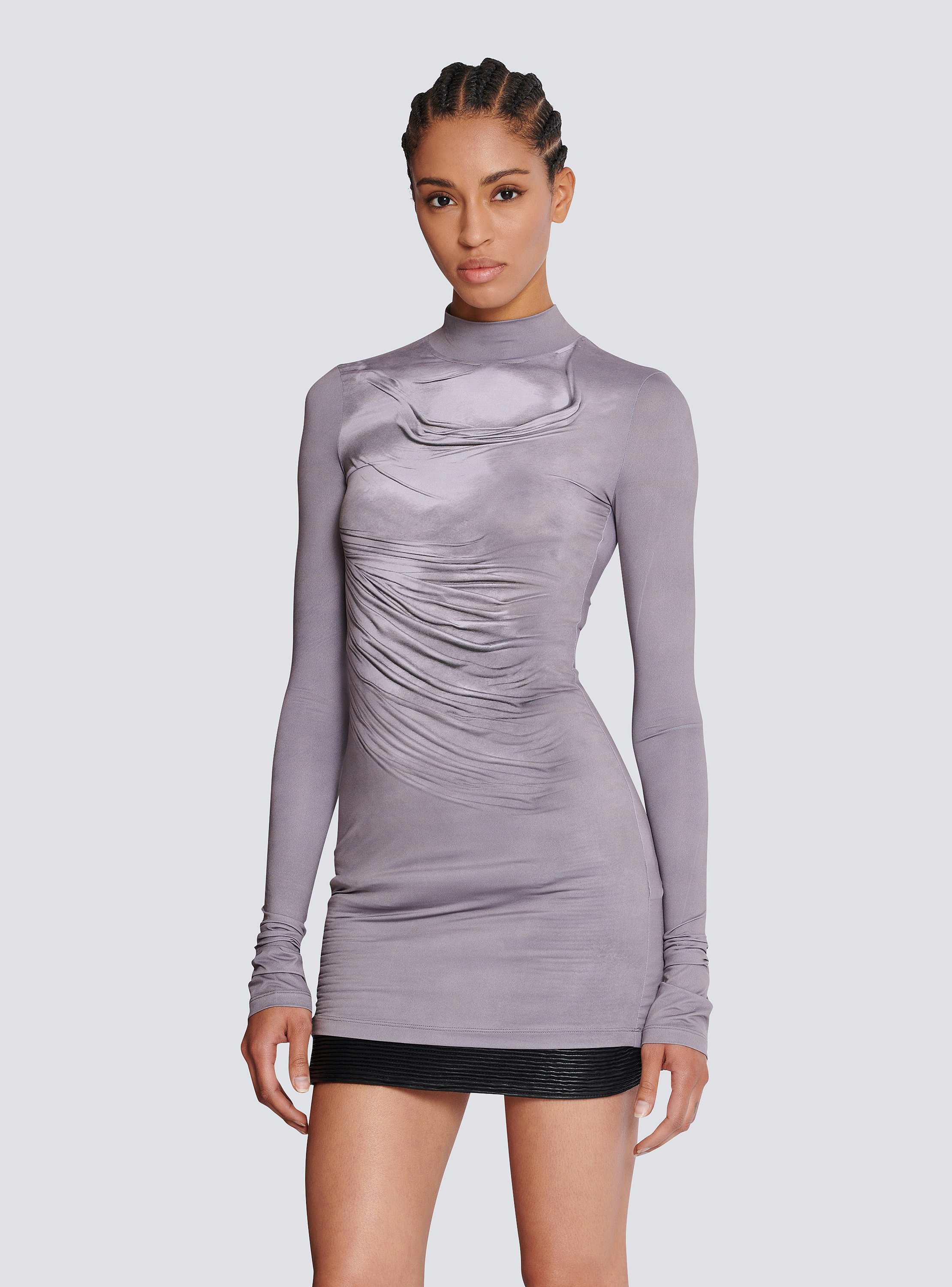 Long-sleeve high-neck draped print trompe-l'œil t-shirt