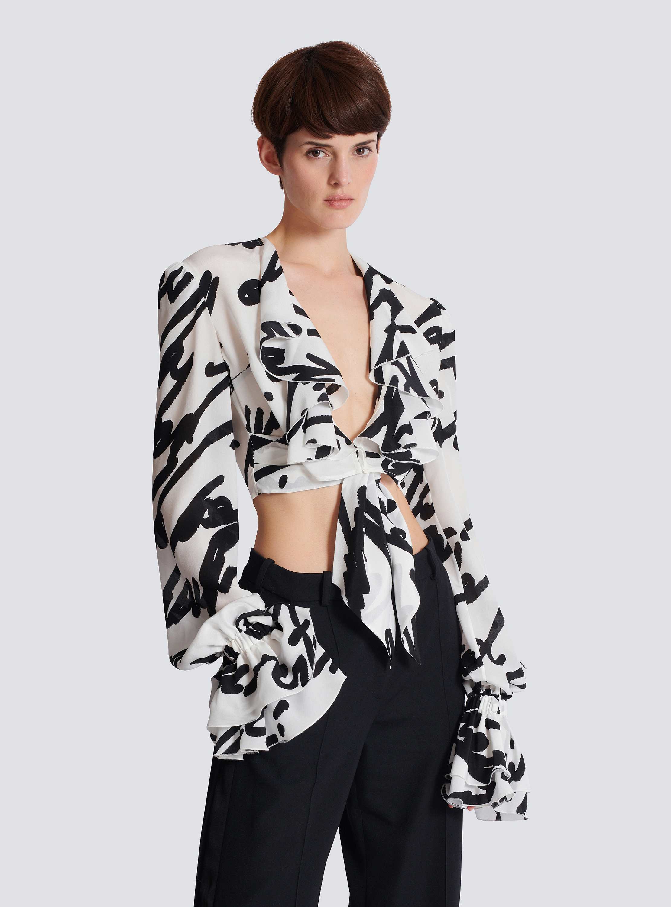 Ruffled love letter knotted crop shirt