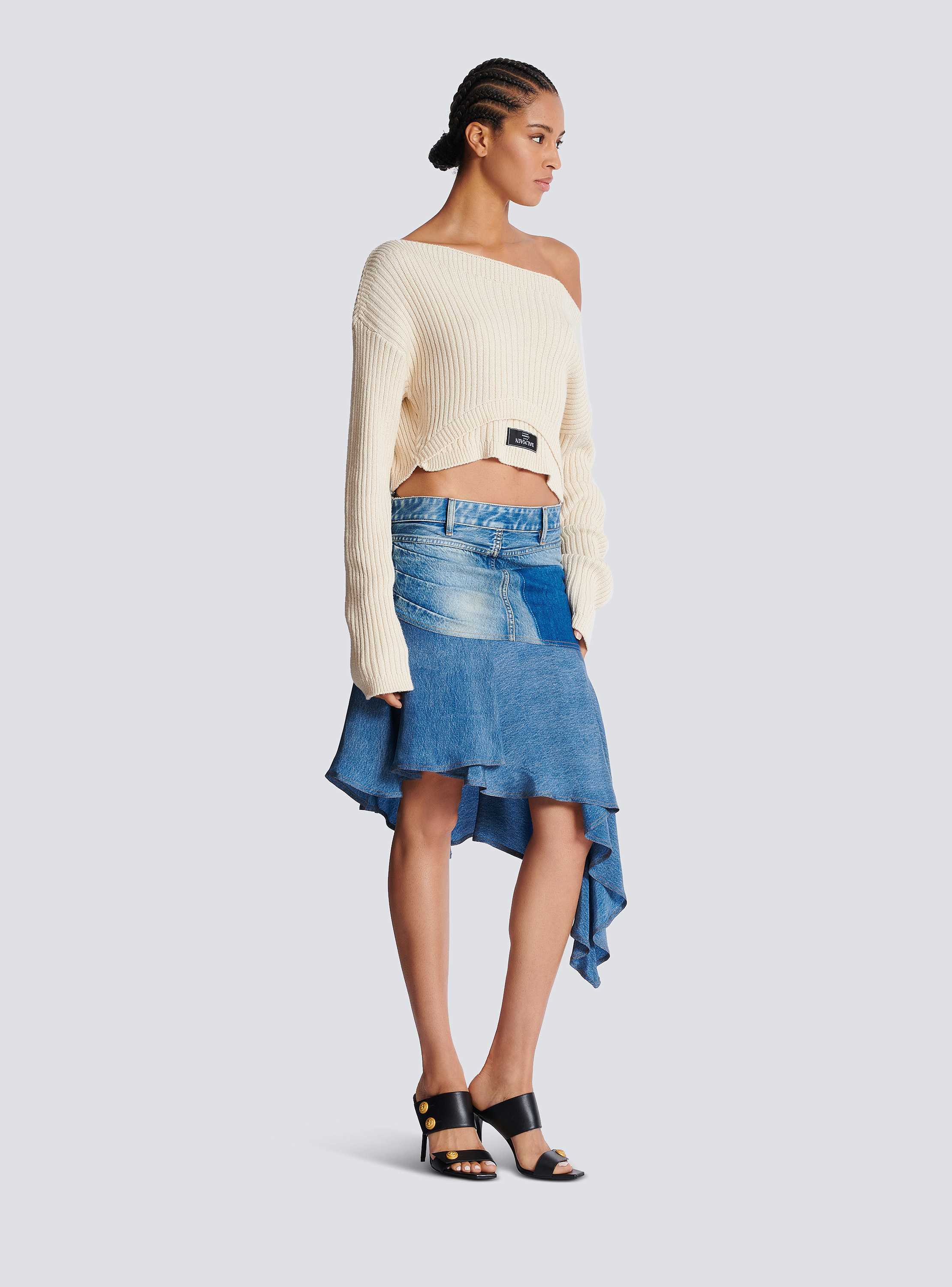 Boat neck optical illusion ribbed crop top beige - Women