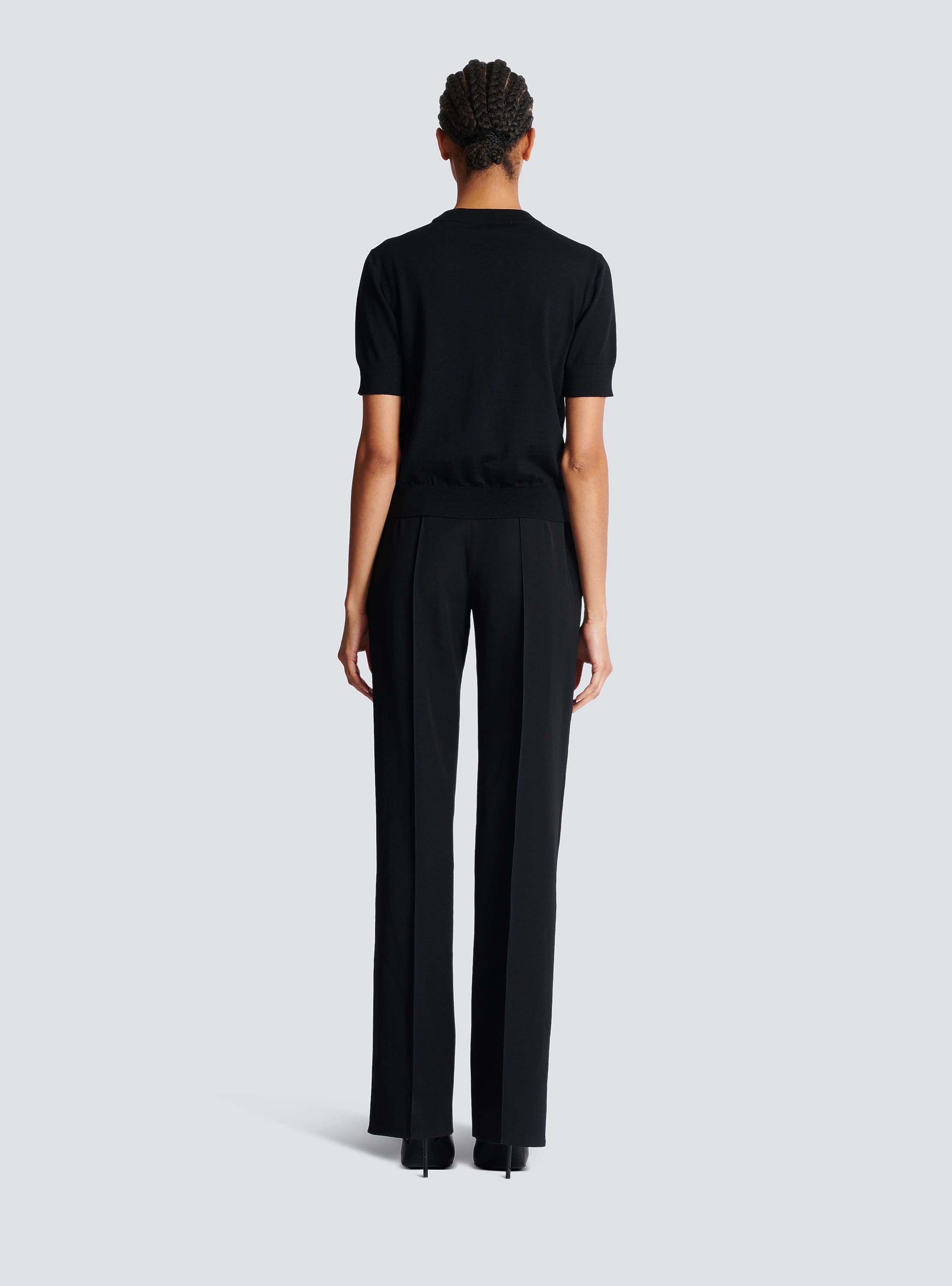 Tシャツ・カットソー BALMAIN Black Stretch Boucle Top Loose T-shirt with optical illusion print - Women | BALMAIN
