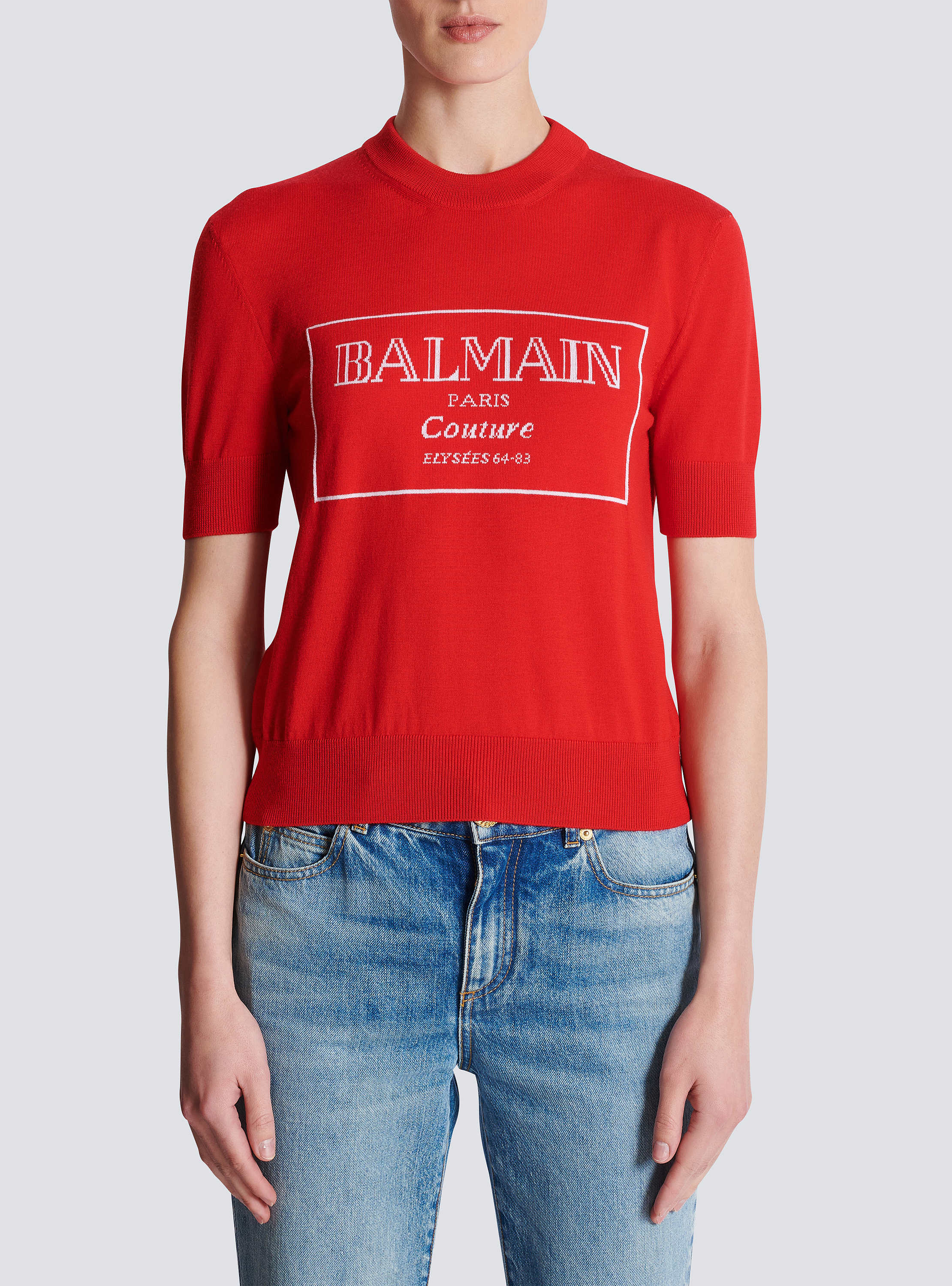 【専用】Balmain Paris  赤コート AO BALMAIN COTTON SWEATER - RED W/ BLACK - PureAtlanta.com