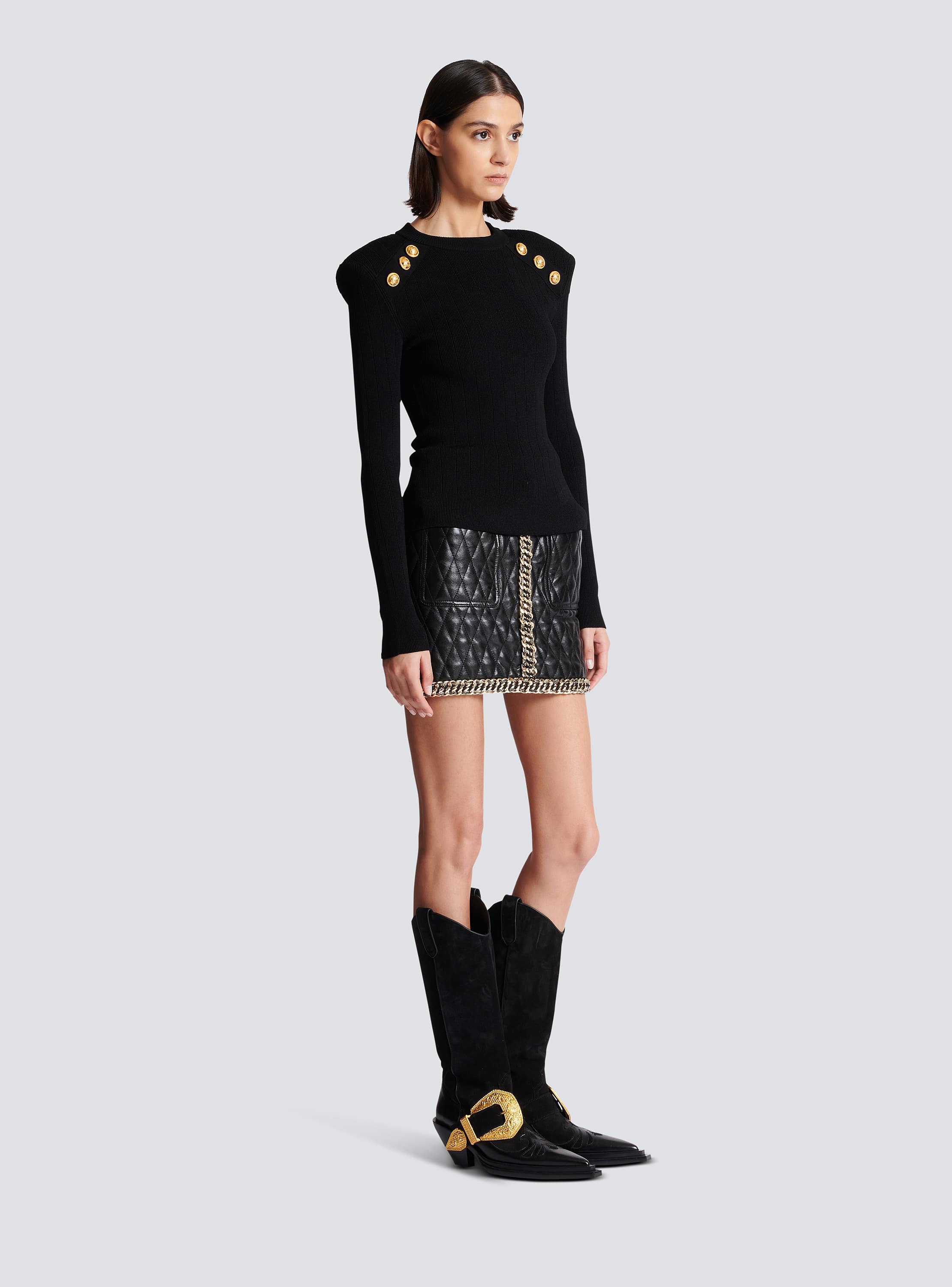 新品 BALMAIN ブラック ストライプ ニット XS 肩ボタン付 Knit jumper with button details black black - Women | BALMAIN