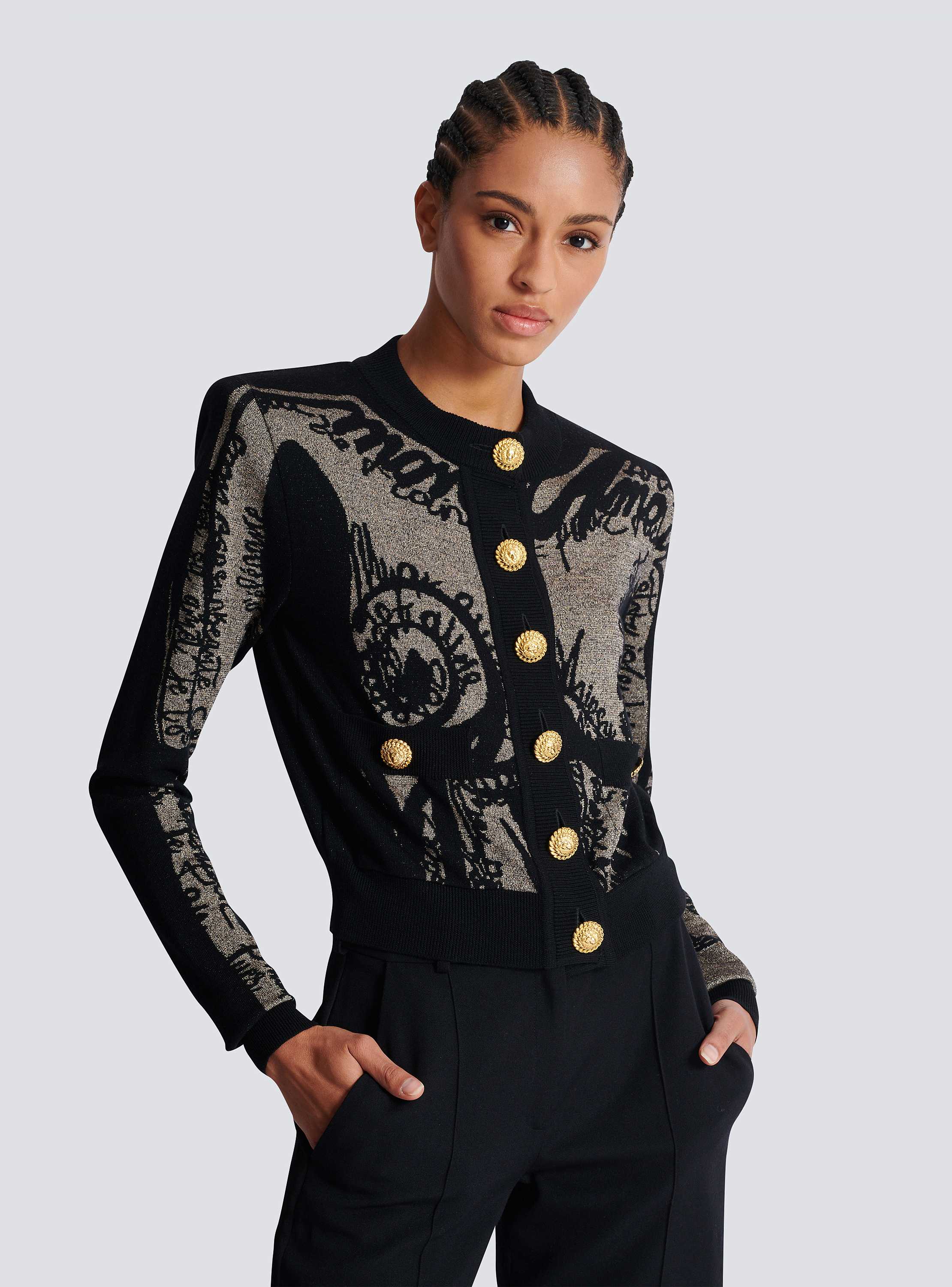 Jacquard knit cardigan with body motif - Women | BALMAIN