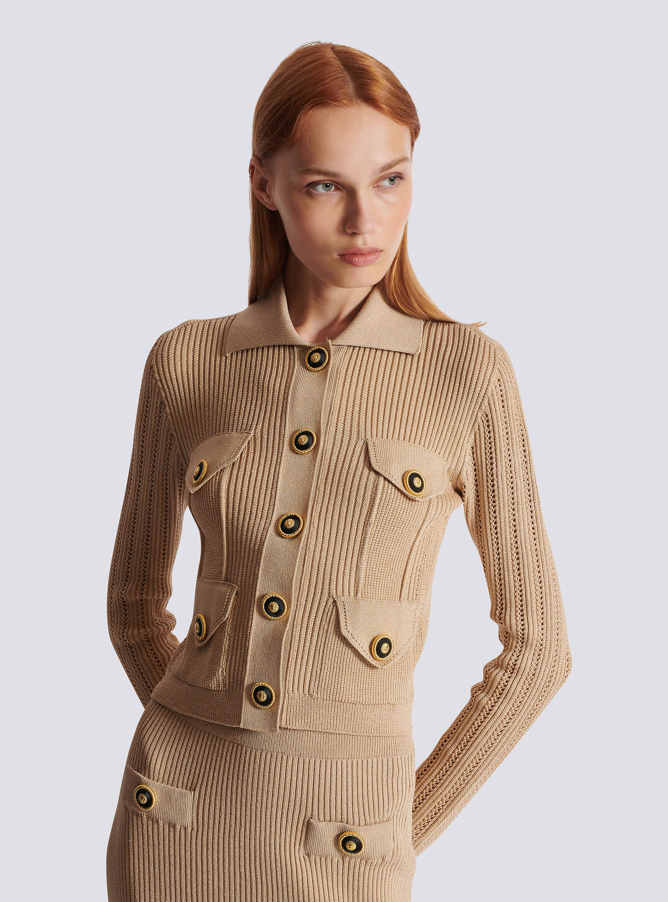 Cropped ribbed knit cardigan with openwork details