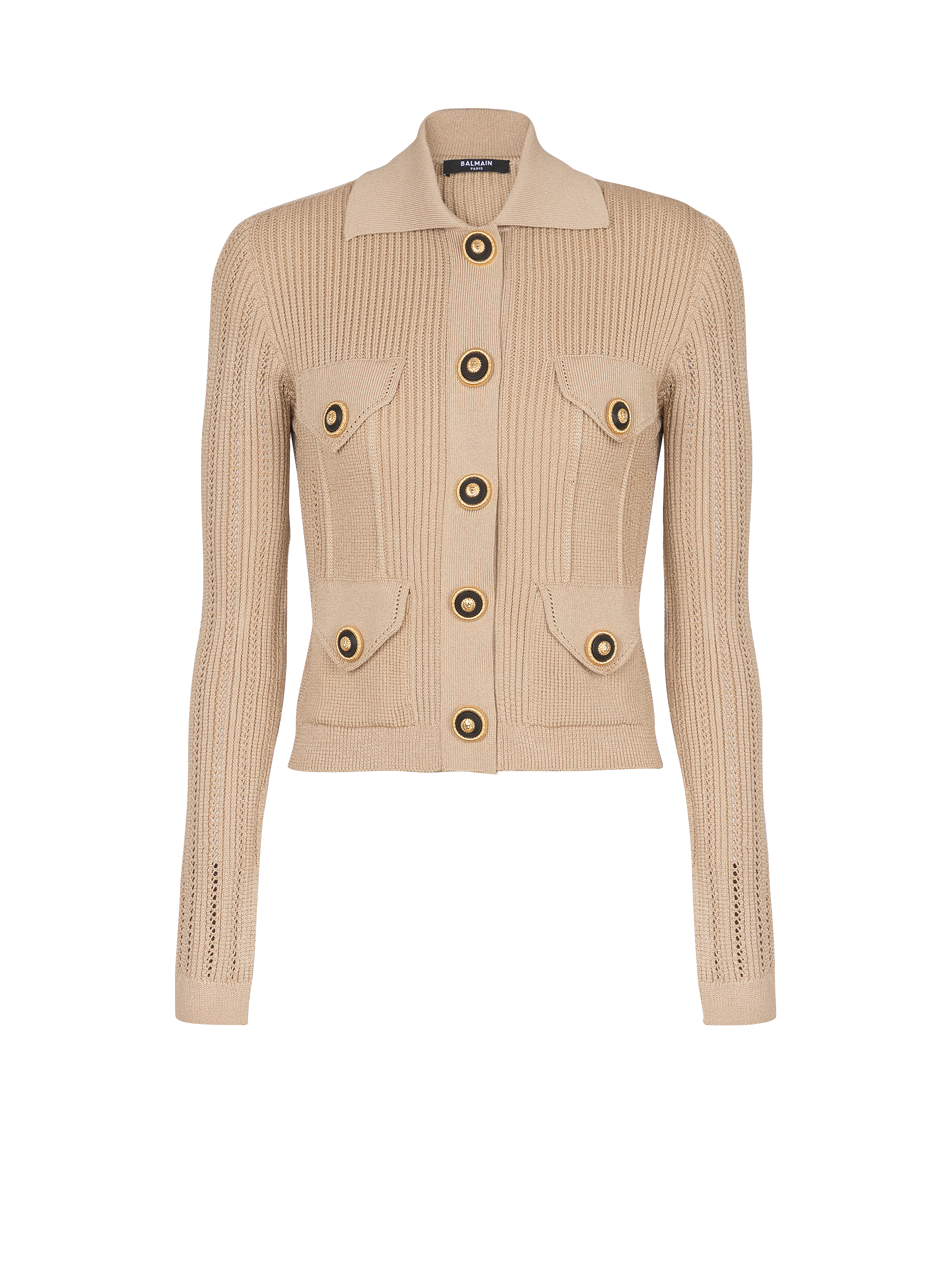 Cropped ribbed knit cardigan with openwork details