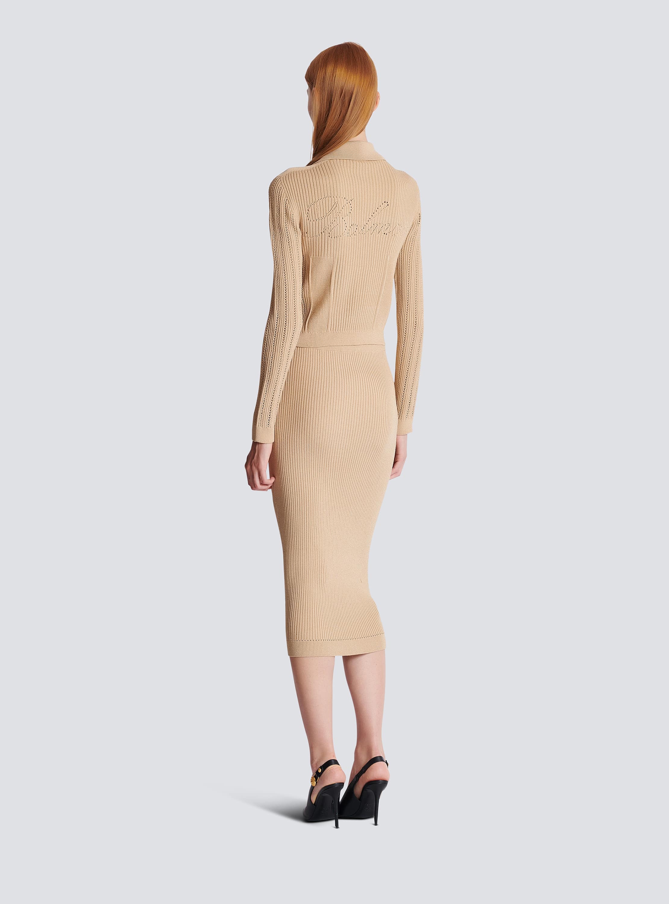 Cropped ribbed knit cardigan with openwork details