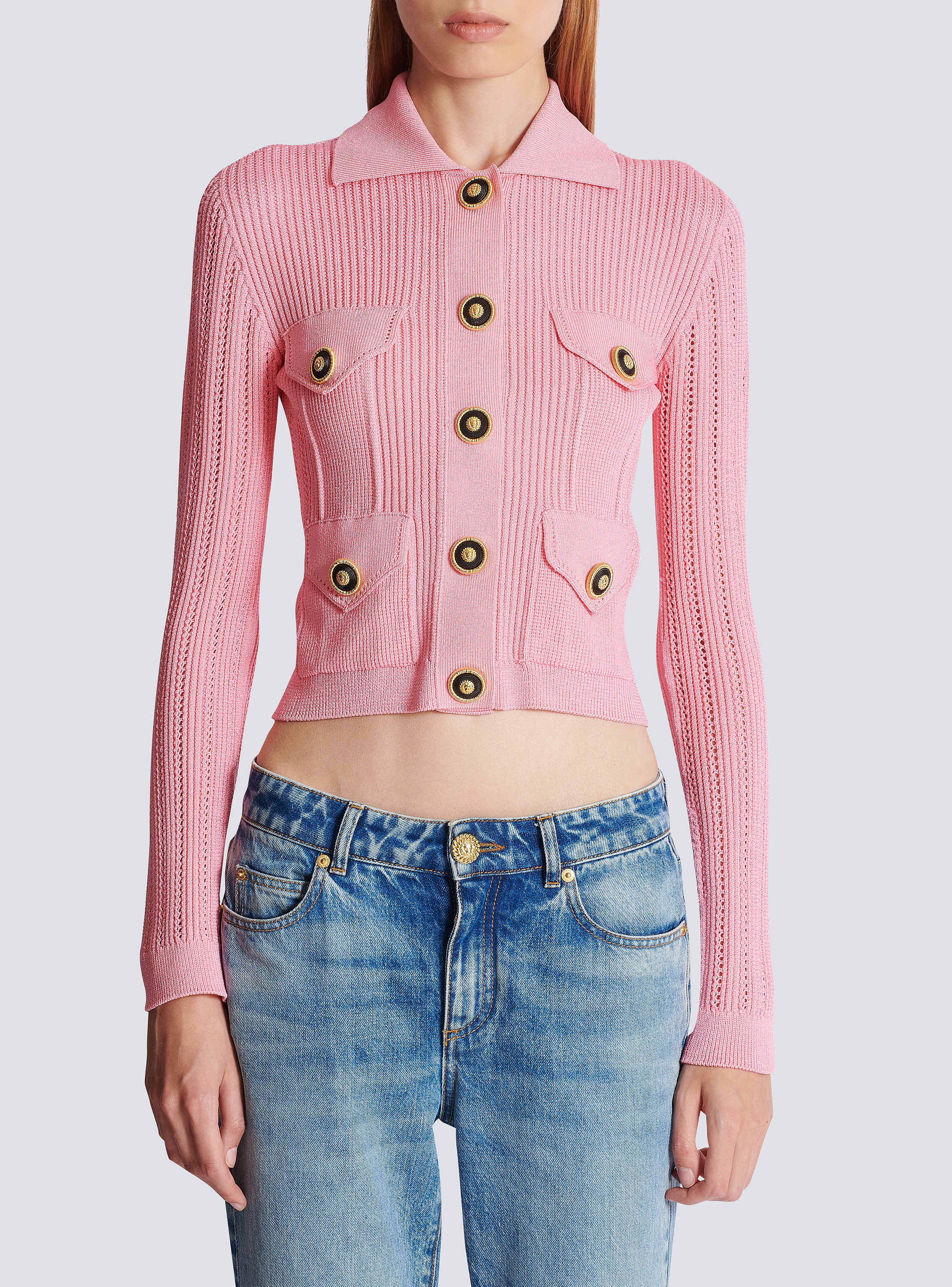 Cropped ribbed knit cardigan with openwork details - Women