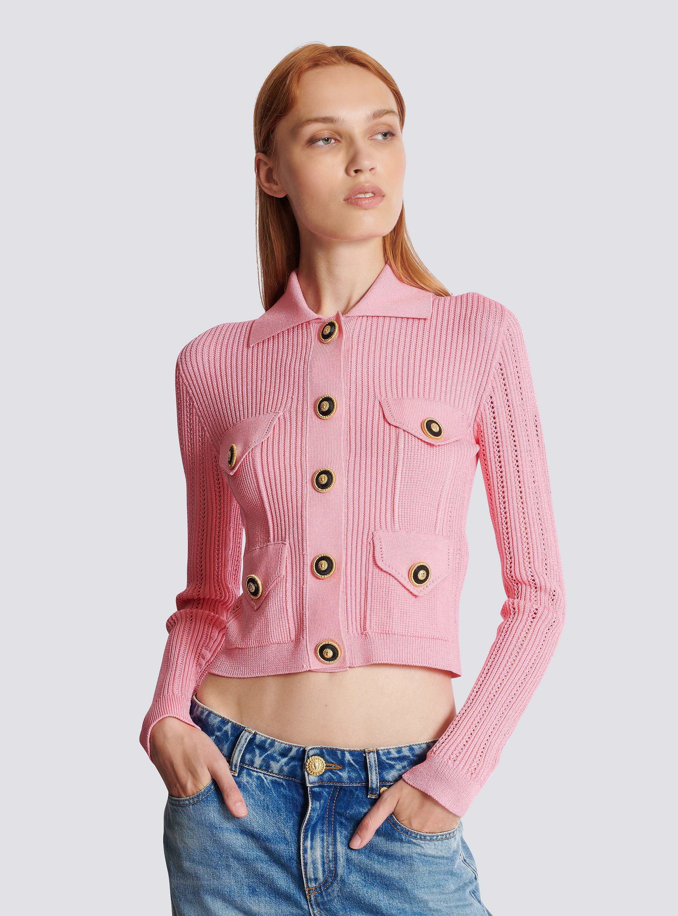 Cropped ribbed knit cardigan with openwork details pink