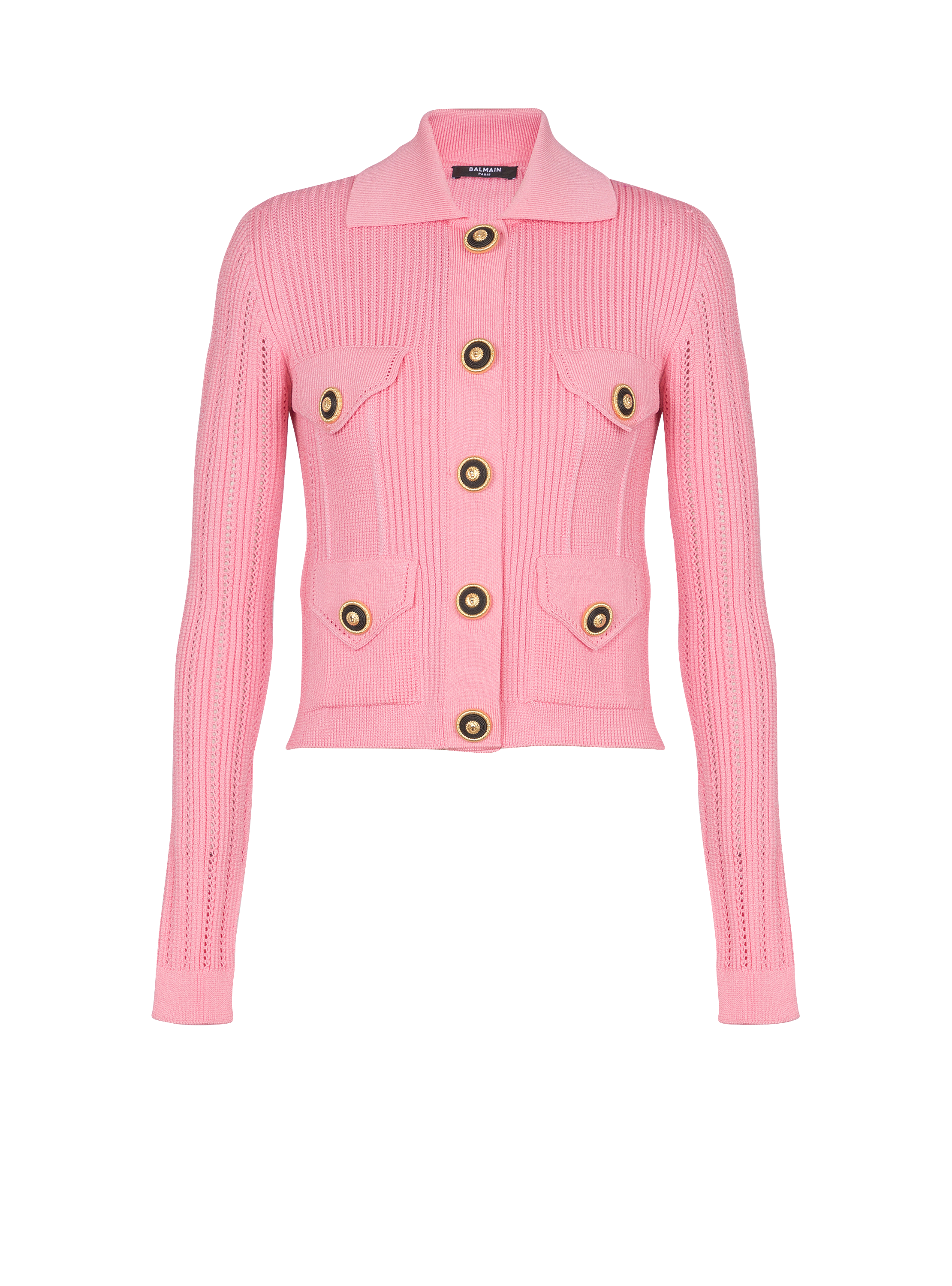 Cropped ribbed knit cardigan with openwork details