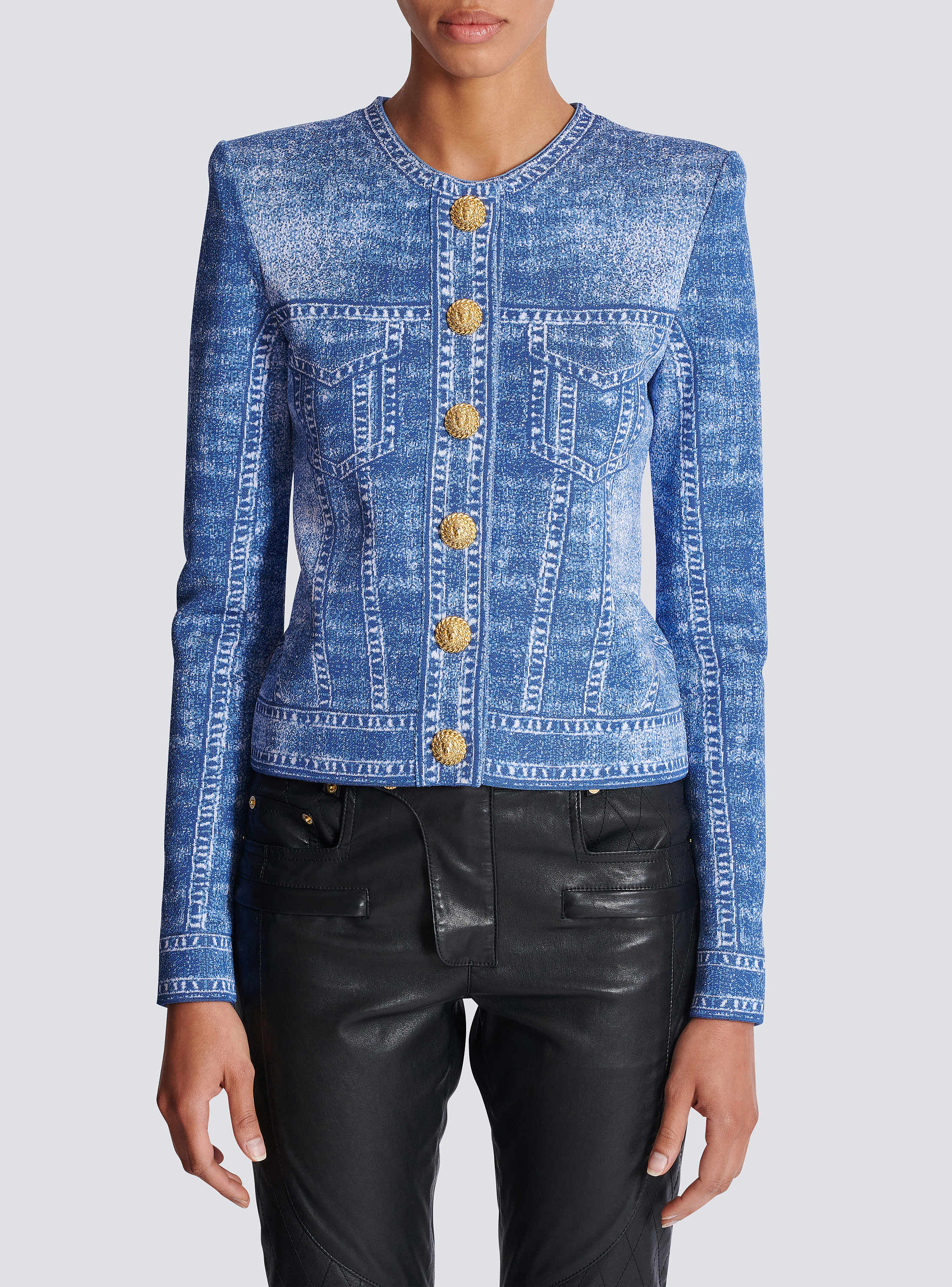 Jacquard knit cardigan with denim effect