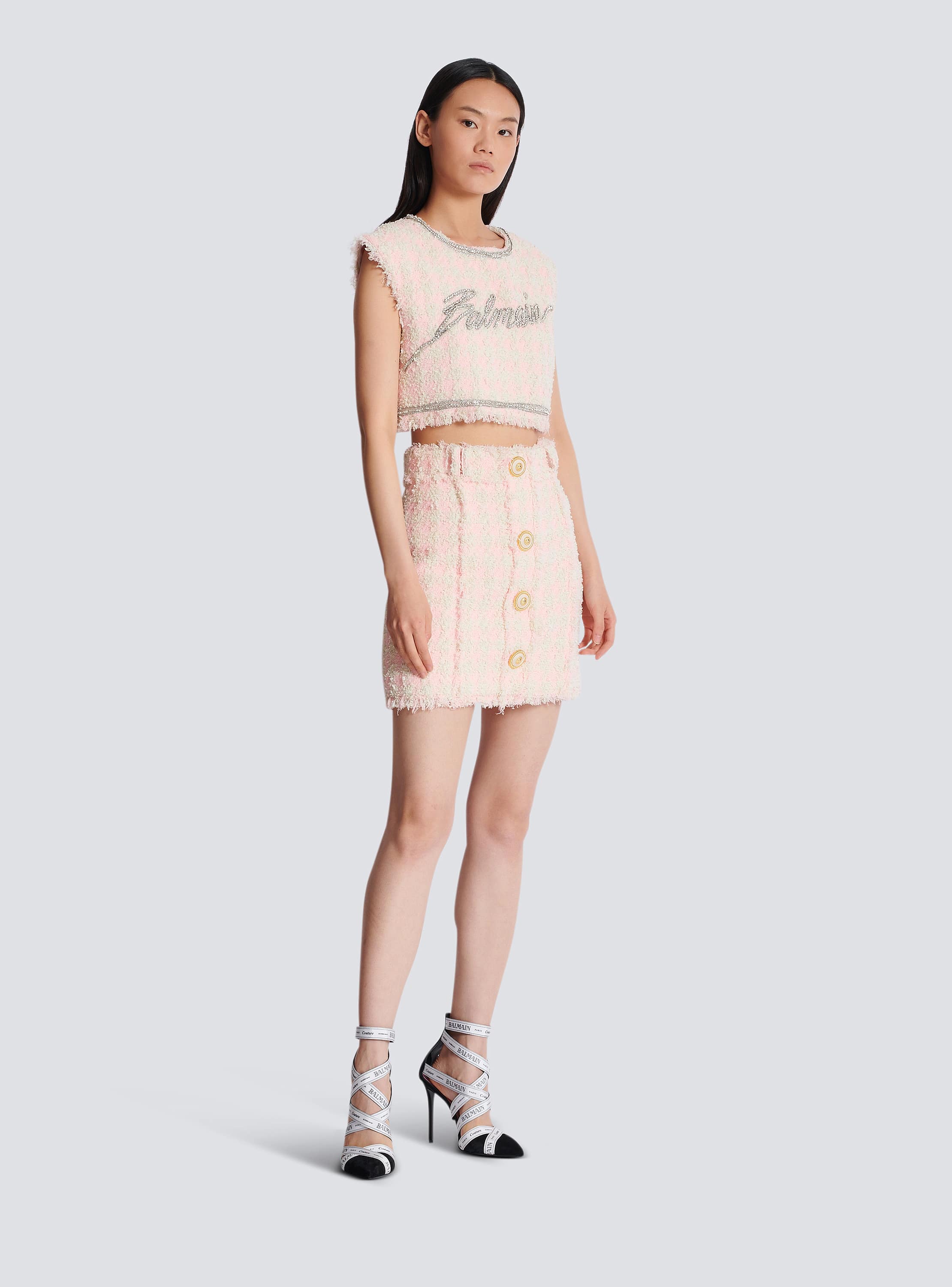 High-waist buttoned tweed mini skirt