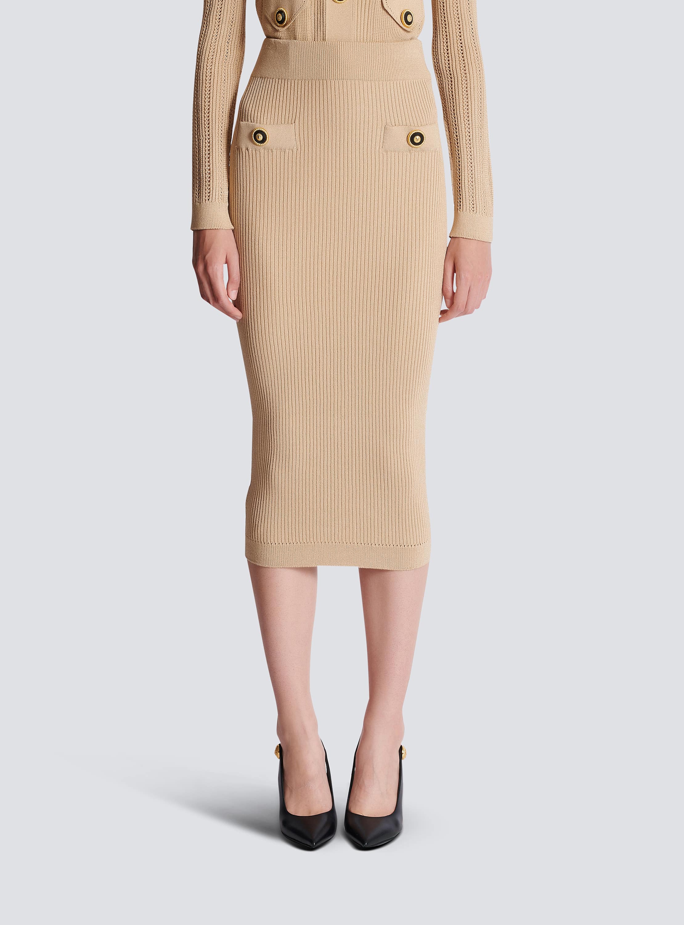 Midi skirt in a plain ribbed knit beige - Women | BALMAIN
