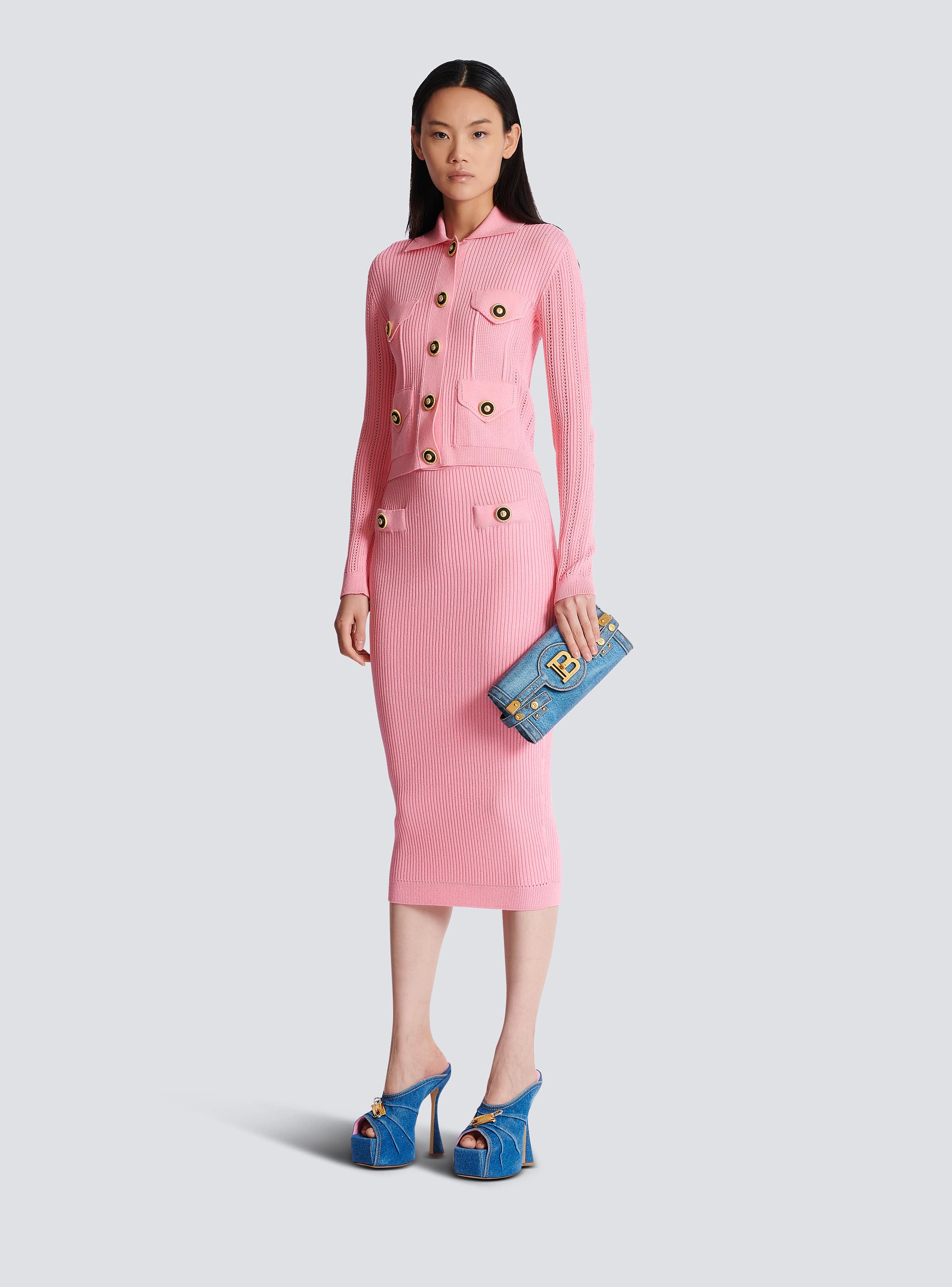 BALMAIN Ribbed midi skirt レディース スカート BALMAIN Button-embellished ribbed-knit midi skirt | NET-A-PORTER