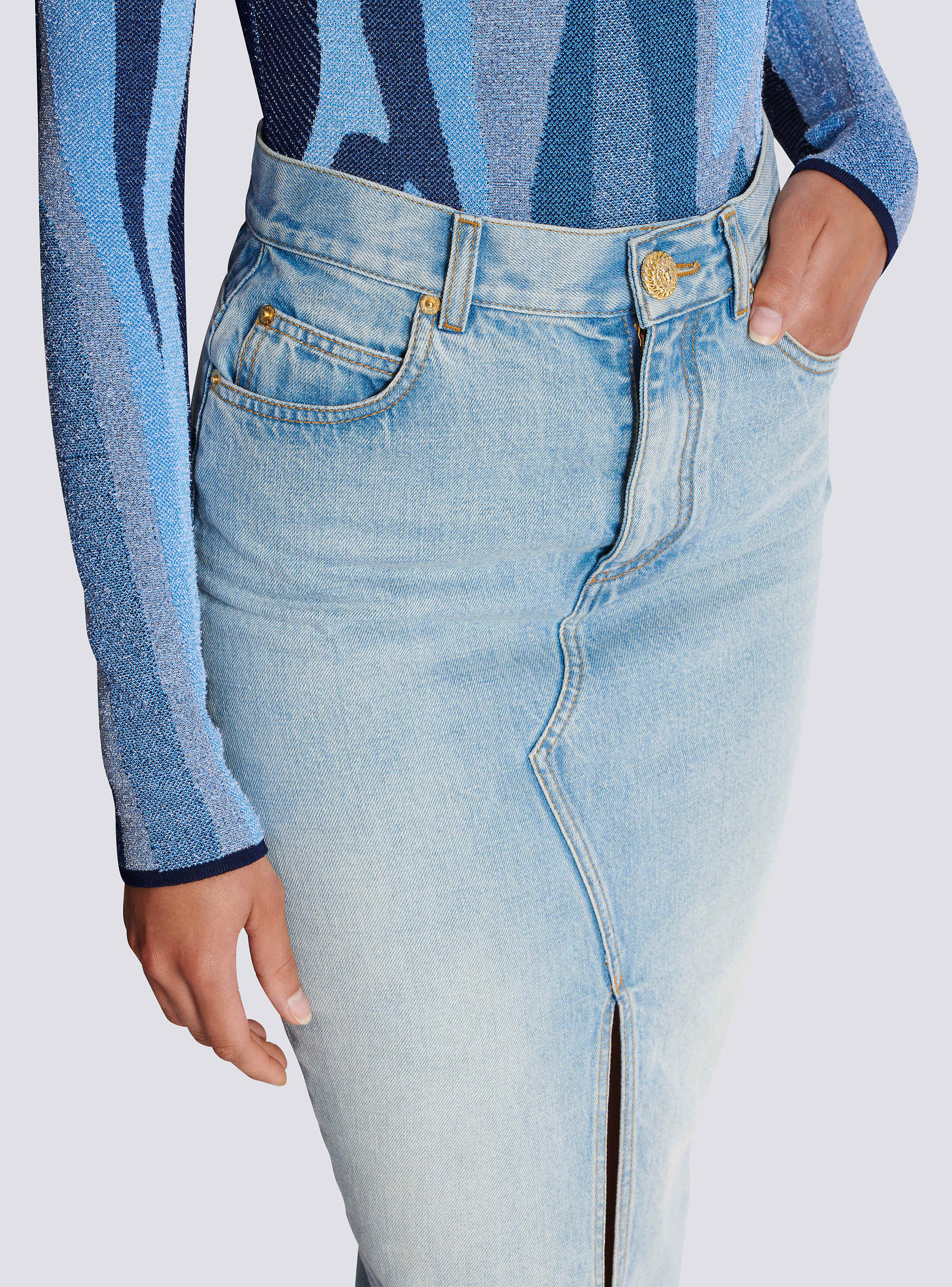 スカート BALMAIN SS25 Denim midi skirt (EF1LD460DF23 6FC) Denim midi skirt - Women | BALMAIN