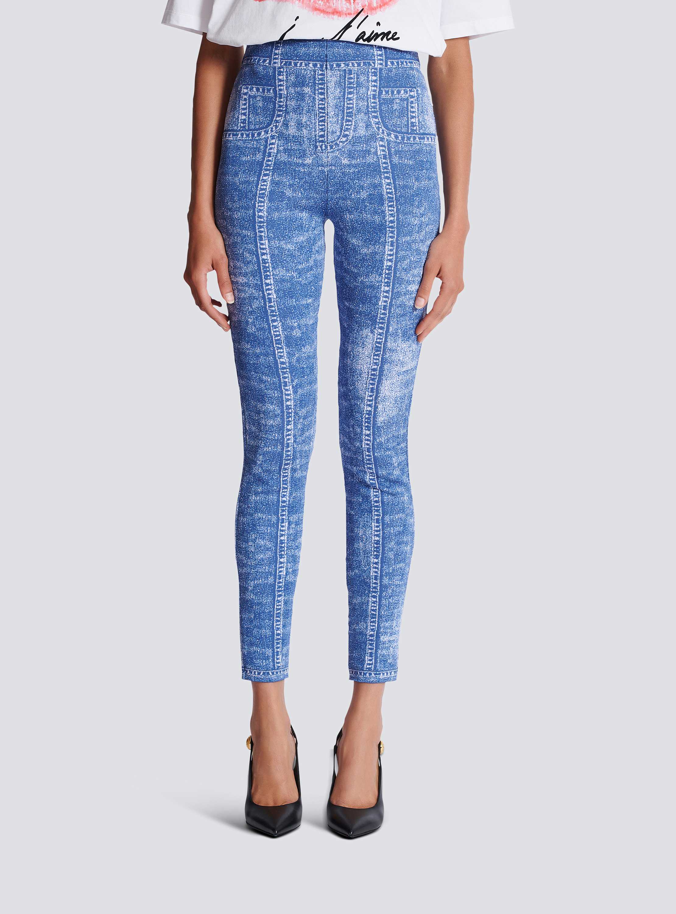 Jacquard knit leggings with denim effect - Women | BALMAIN