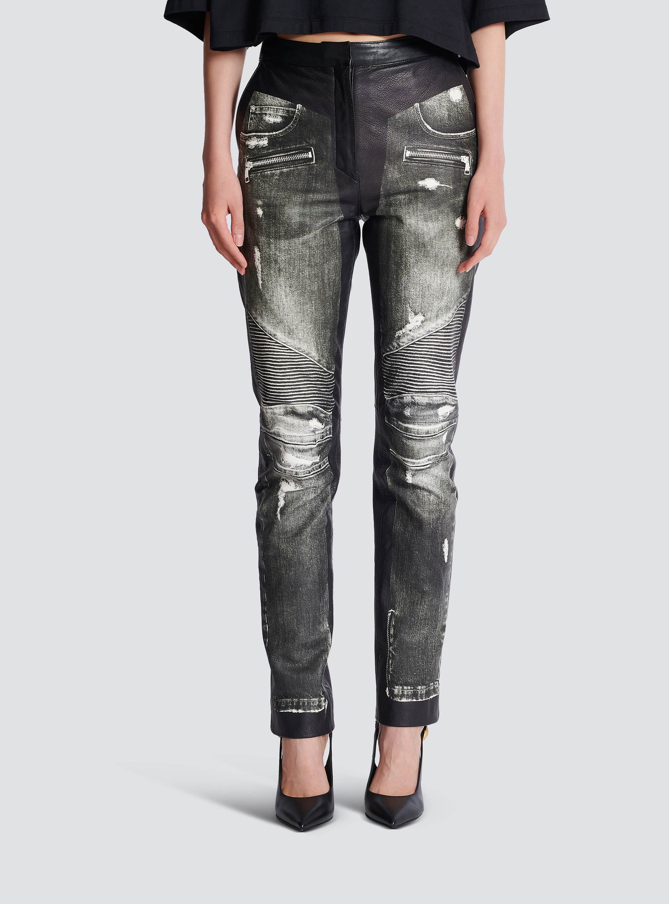 Denim print leather pants