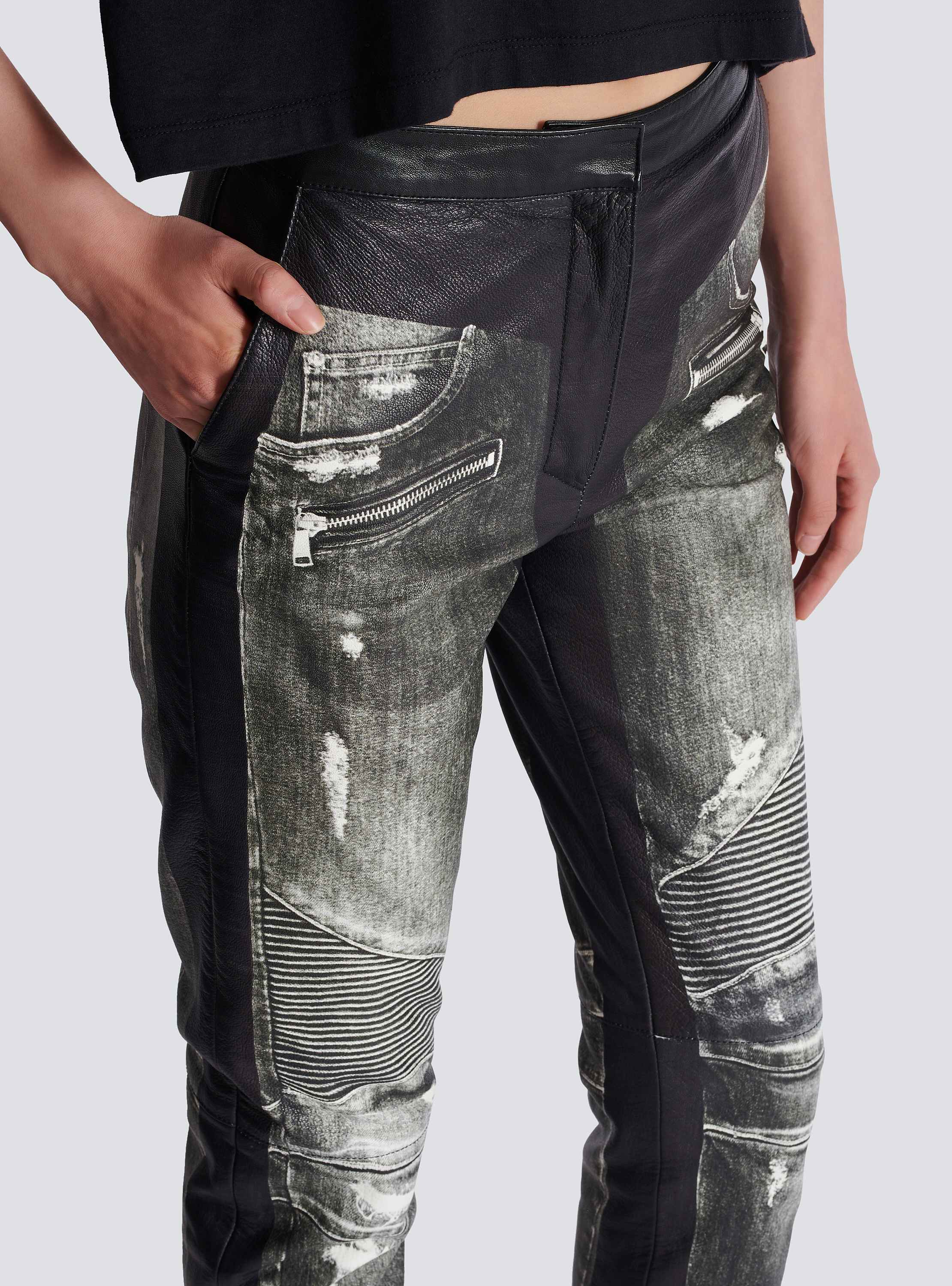 Denim print leather pants