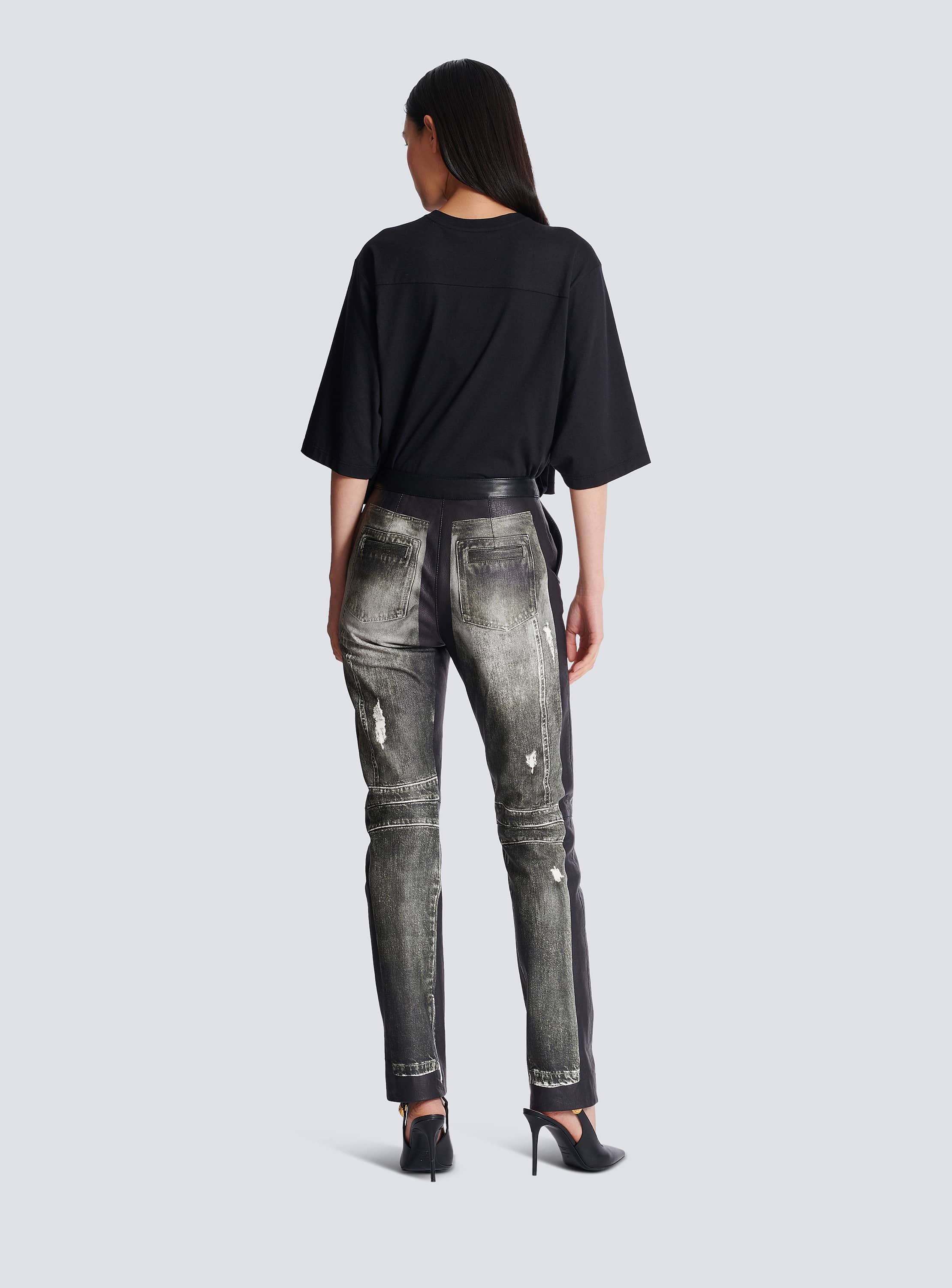 Denim print leather pants