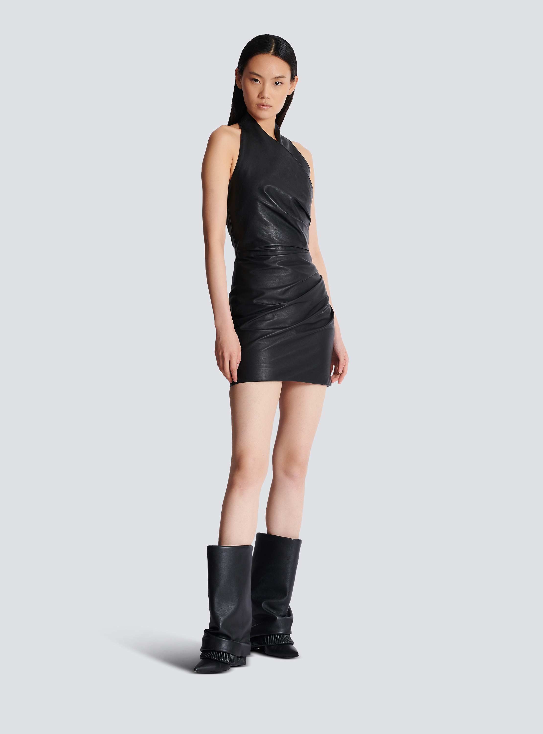 Short draped leather halterneck dress black - Women | BALMAIN Short draped leather halterneck dress black - Women | BALMAIN