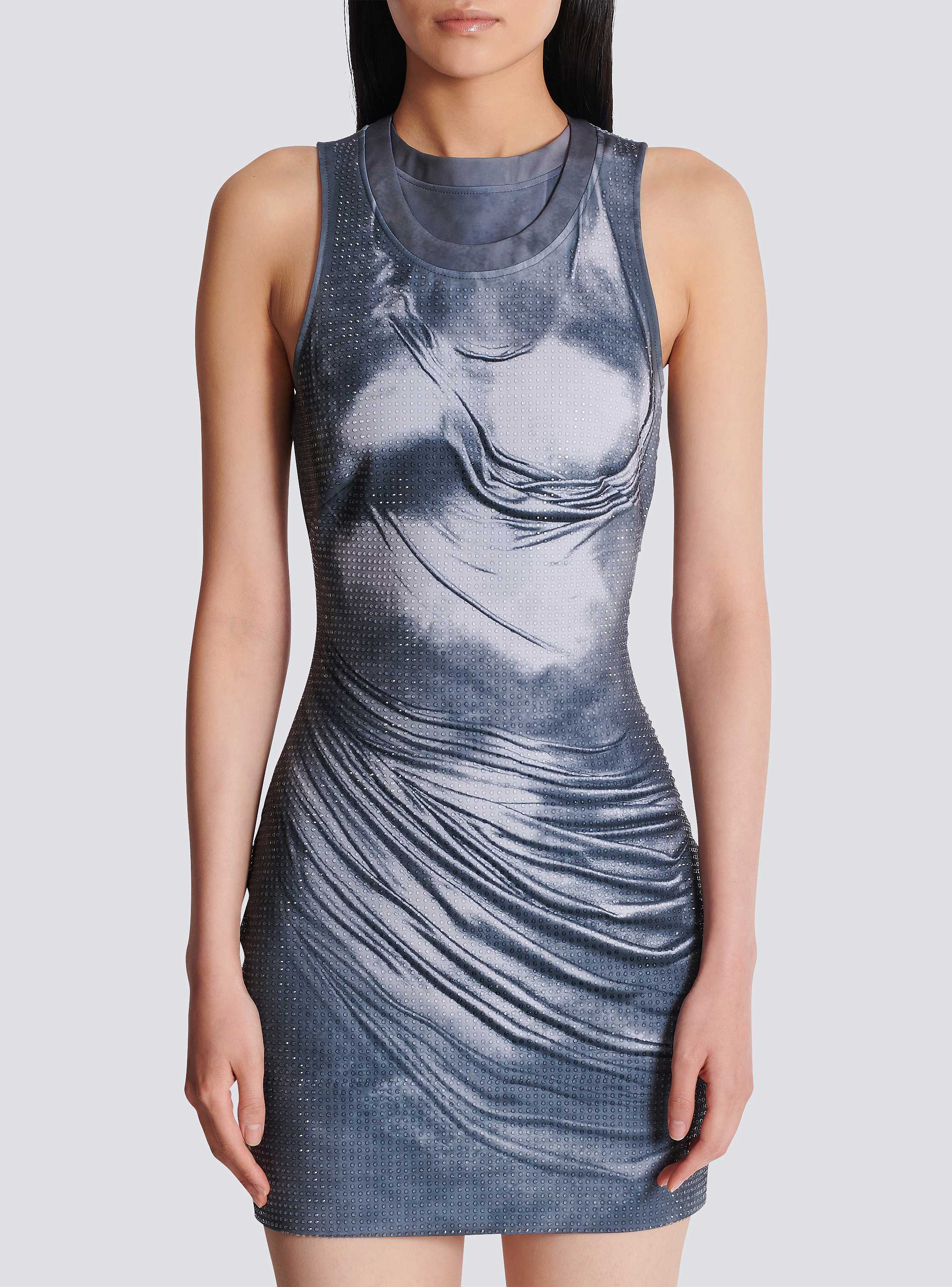 Halterneck draped trompe-l'œil strass dress