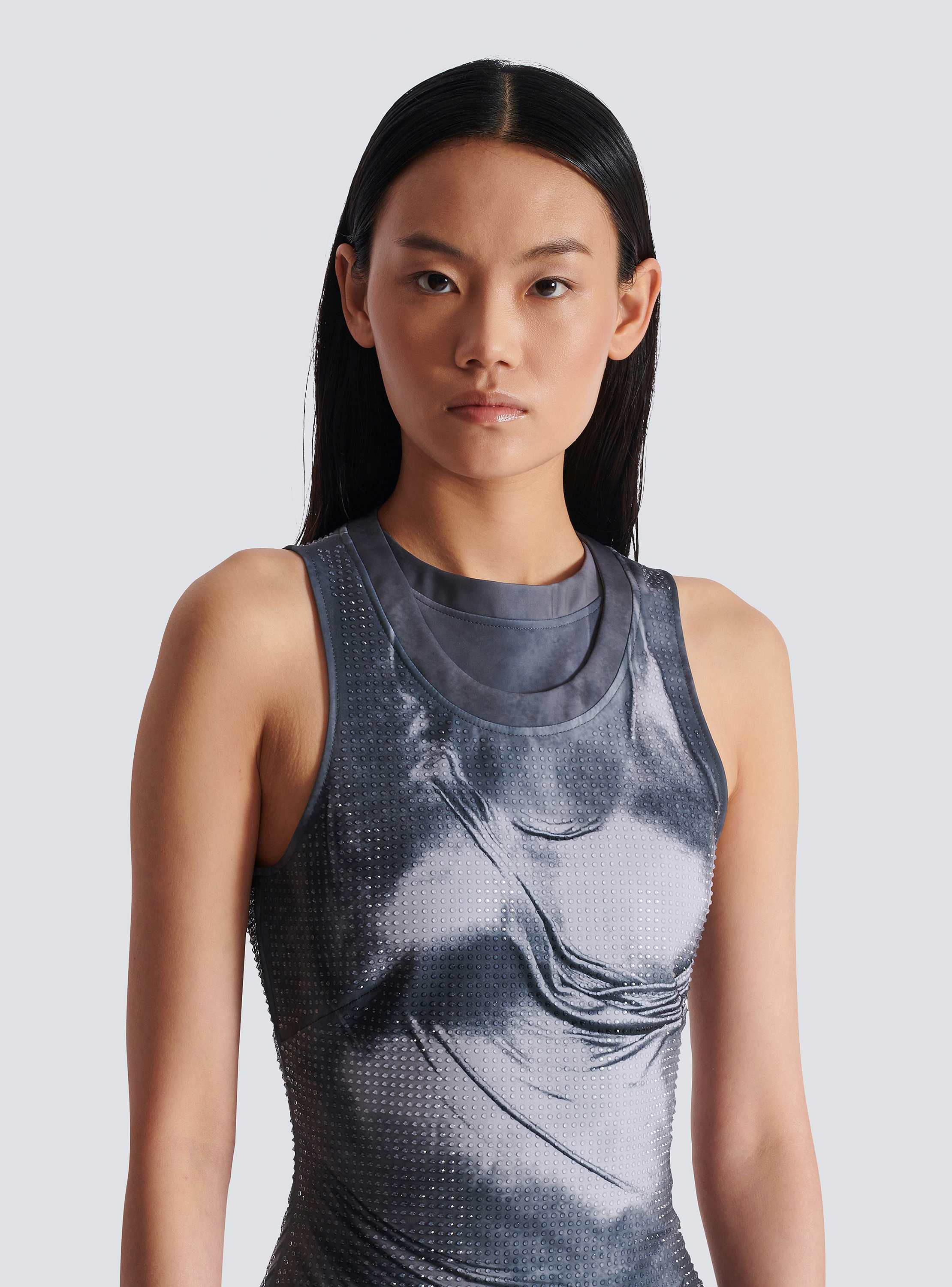 Halterneck draped trompe-l'œil strass dress