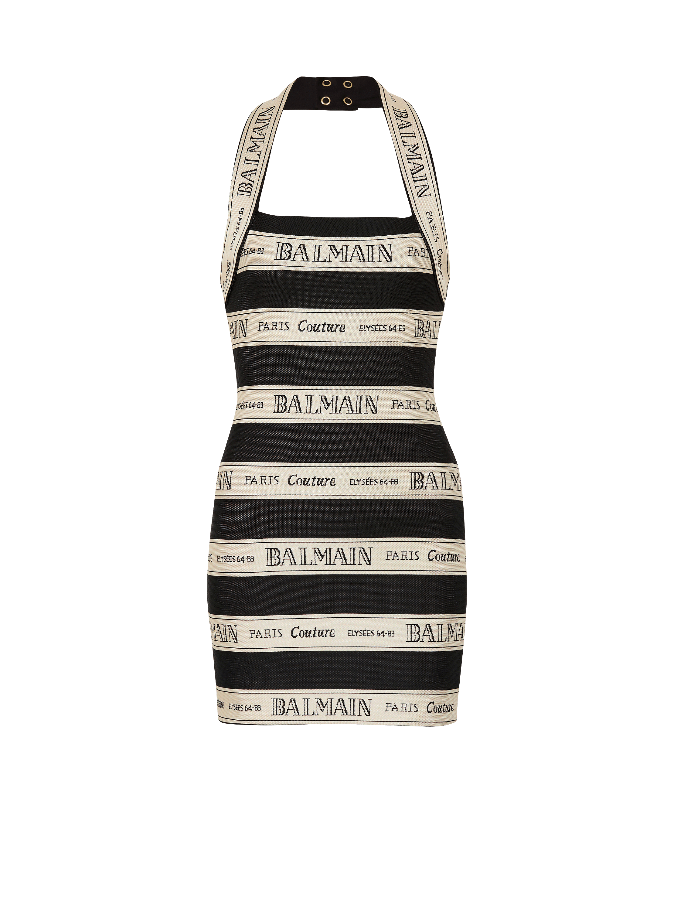 Jacquard halterneck dress with Balmain ribbon motif