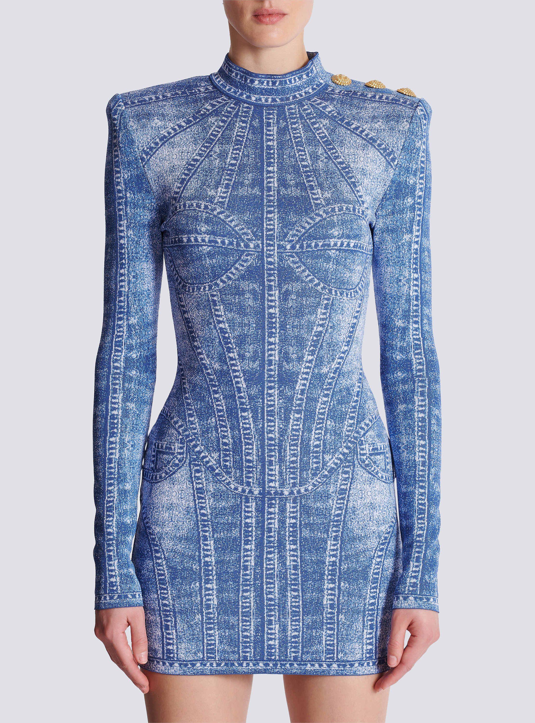 Short jacquard knit dress with denim effect blue - Women