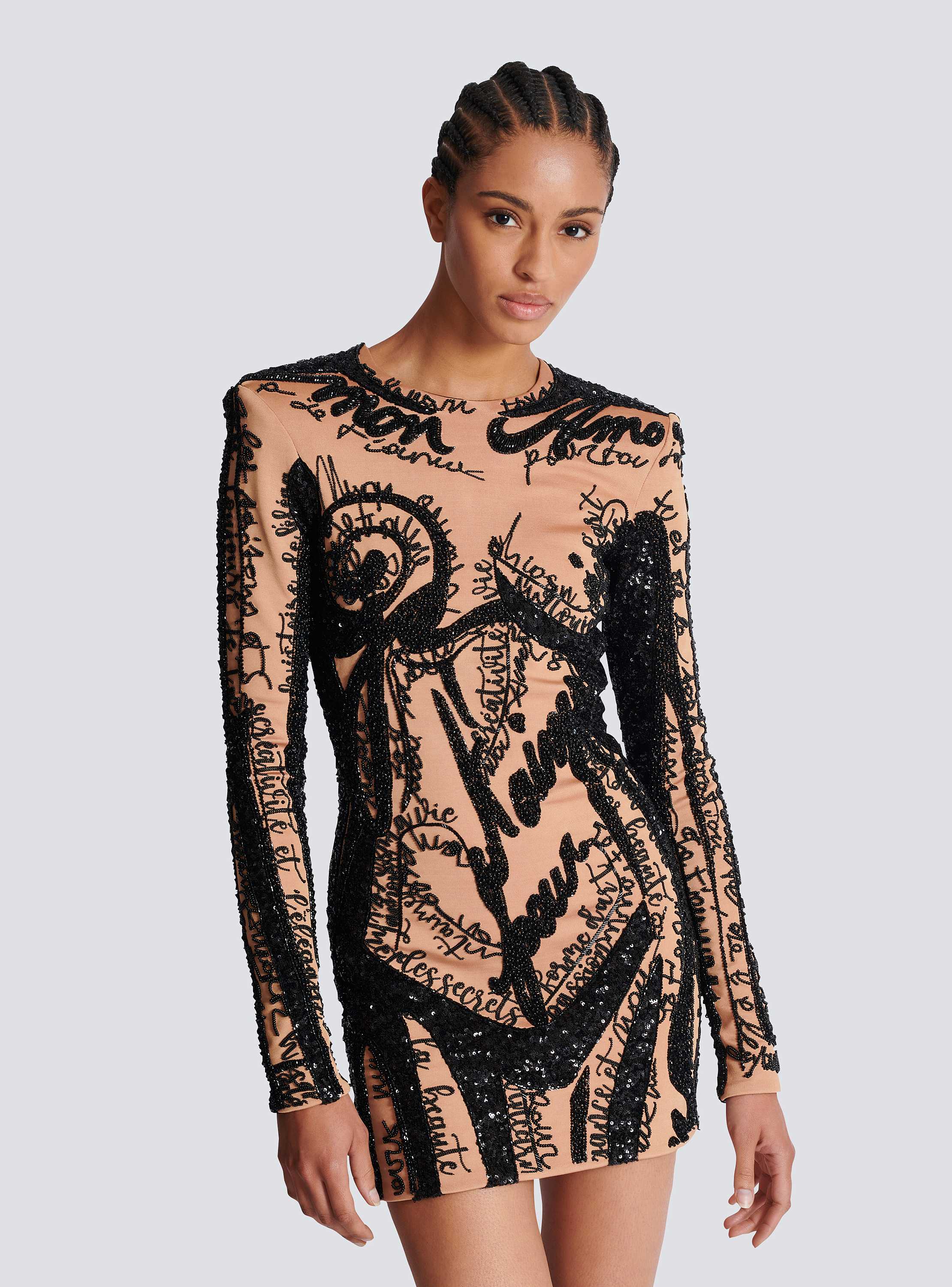 Short embroidered dress with body motif beige - Women | BALMAIN Short embroidered dress with body motif beige - Women | BALMAIN