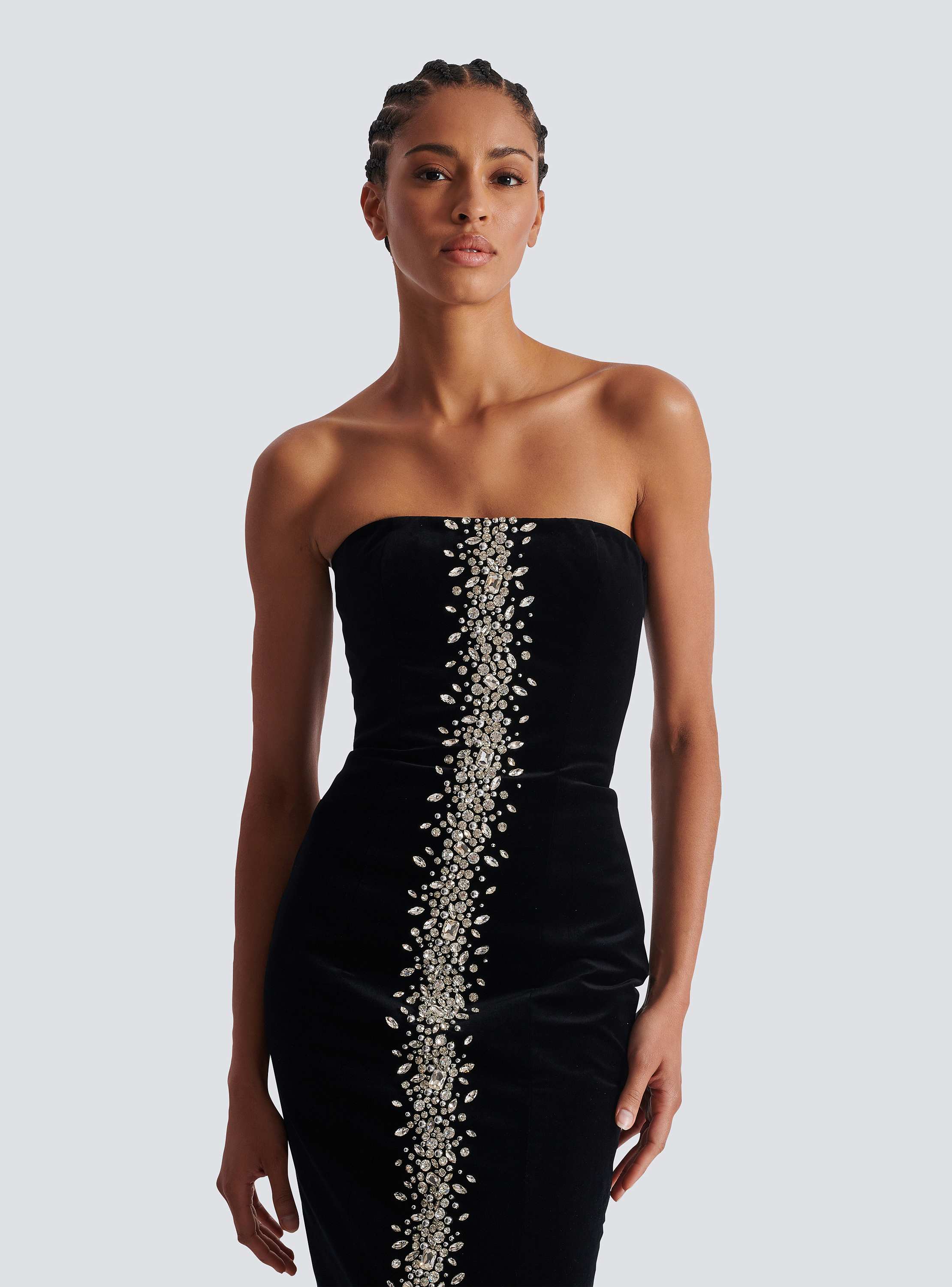 Long embroidered velvet bustier dress - Women | BALMAIN