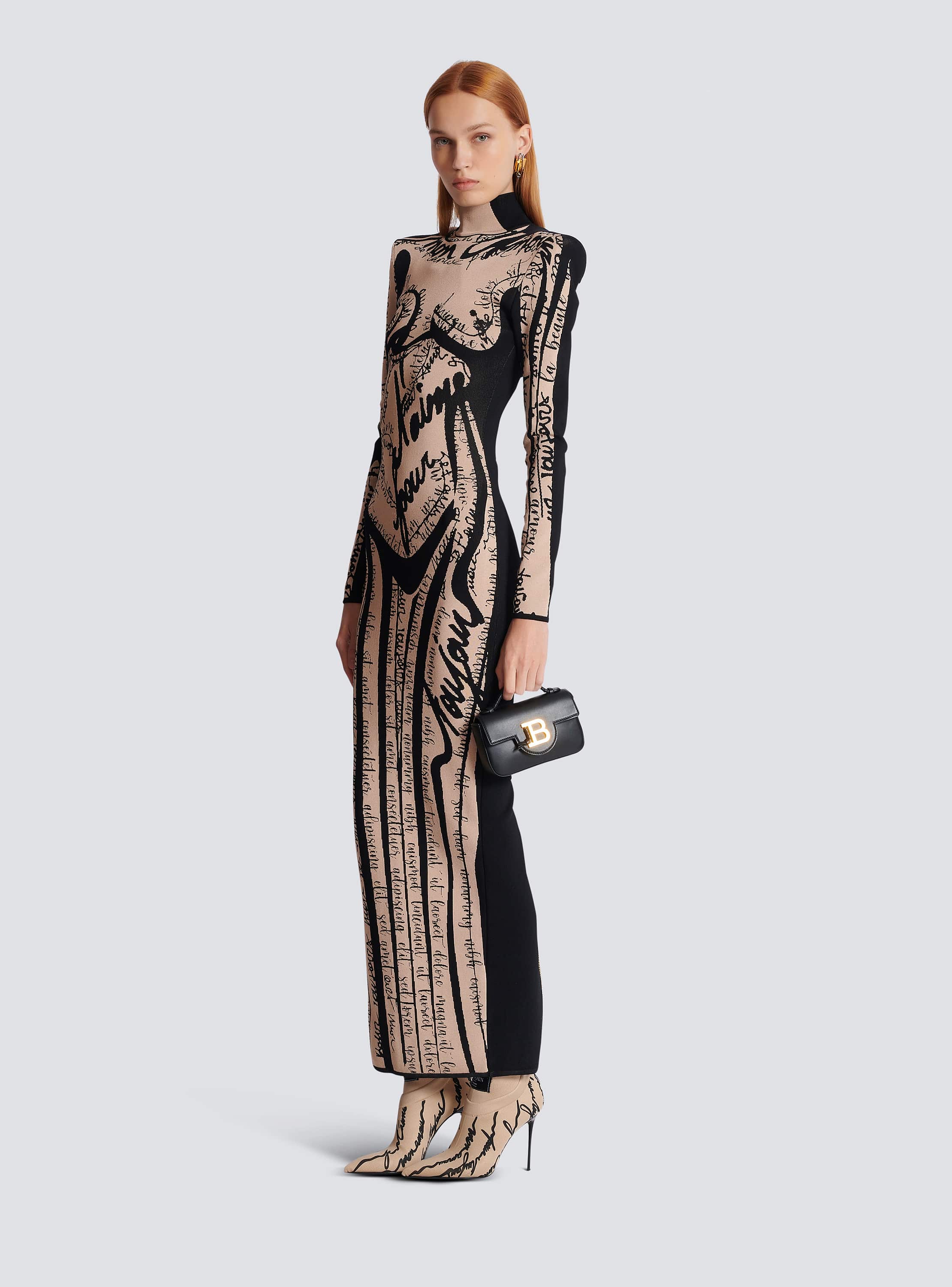 Long knit dress with body motif beige - Women | BALMAIN