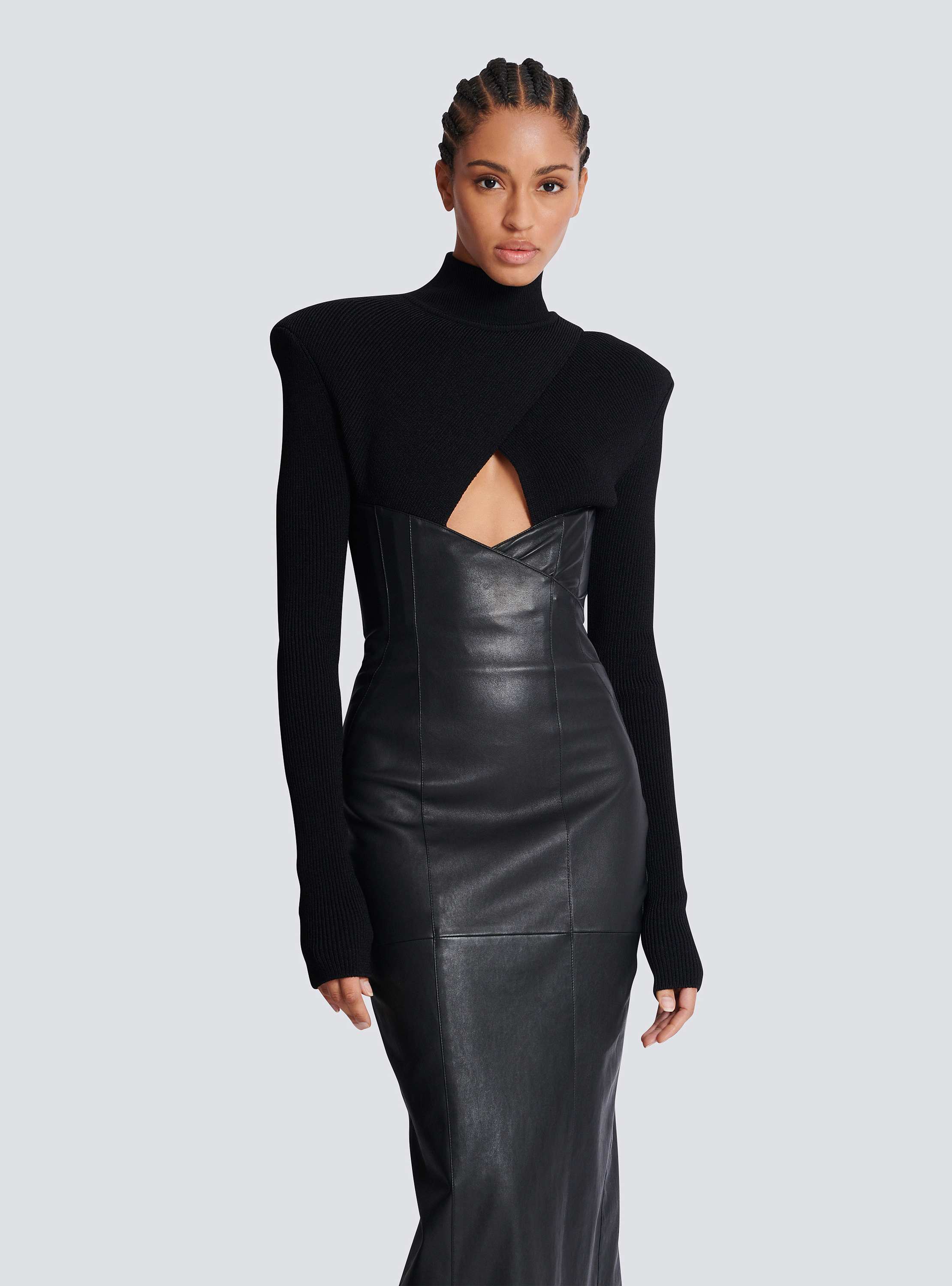 ニット＆ラムスキン ロングドレス