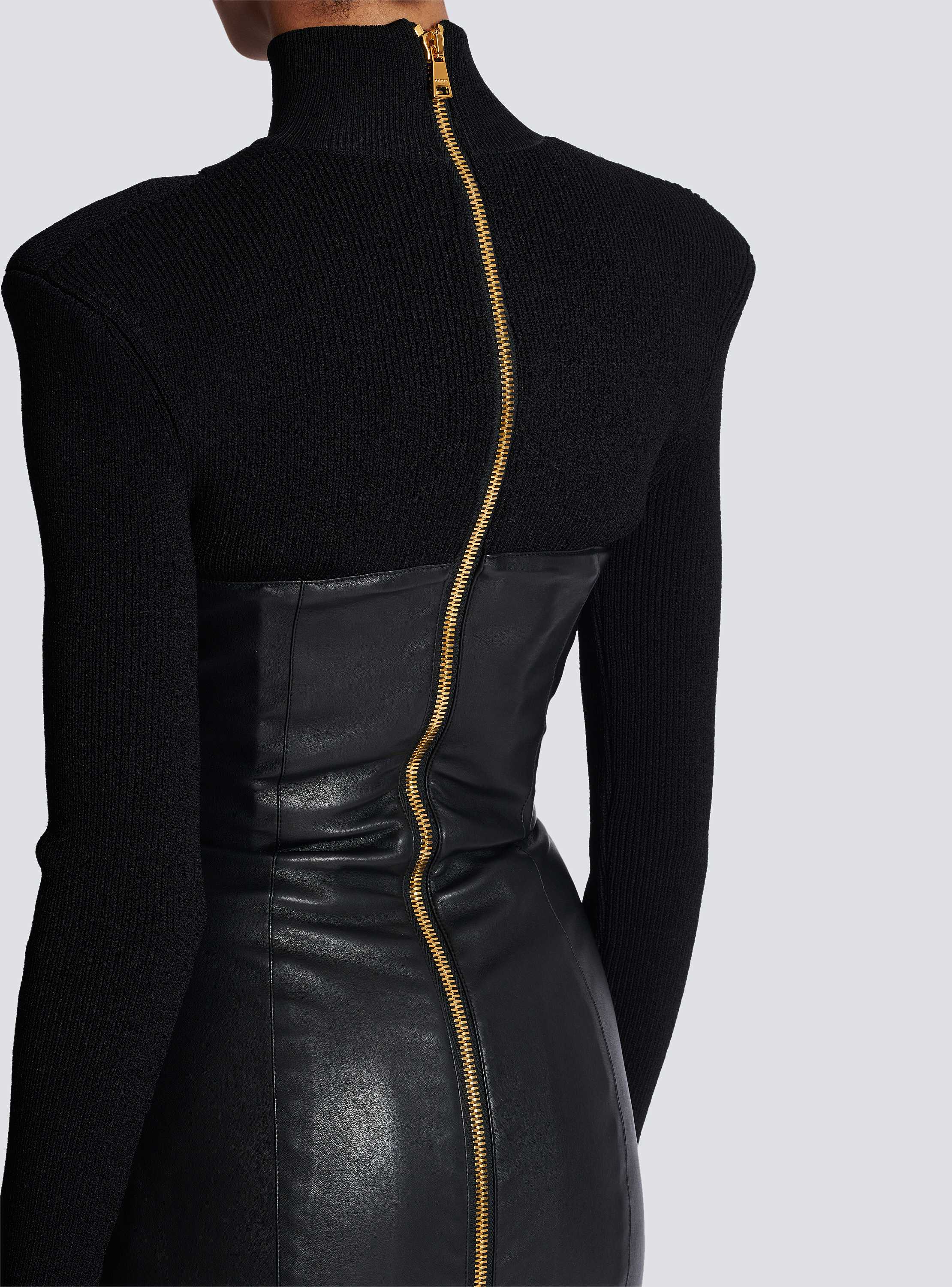 Long knit and lambskin leather dress black - Women | BALMAIN