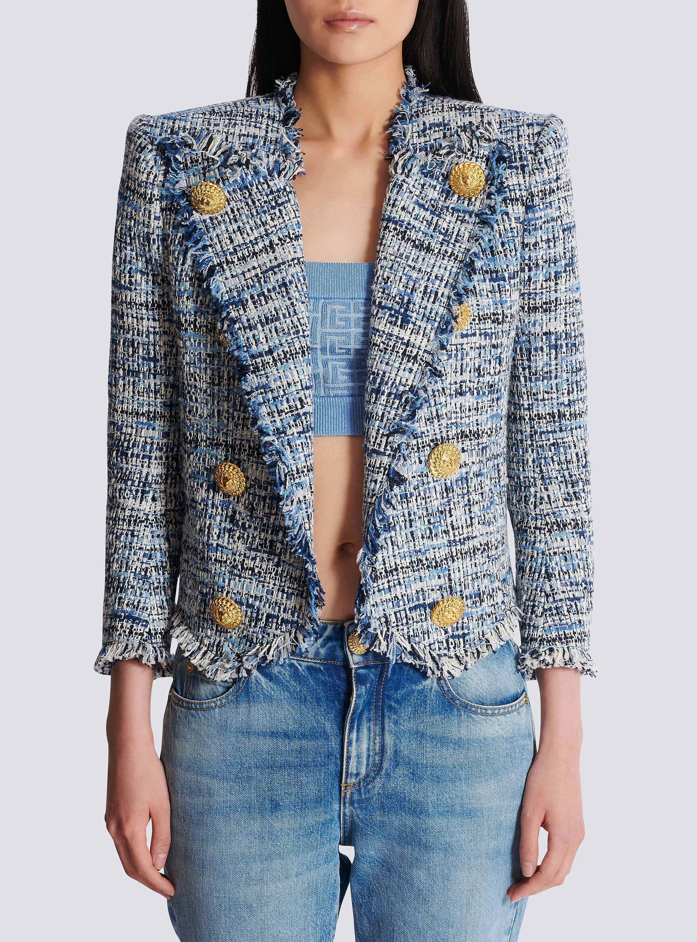Cropped tweed edge-to-edge jacket with 8 buttons blue