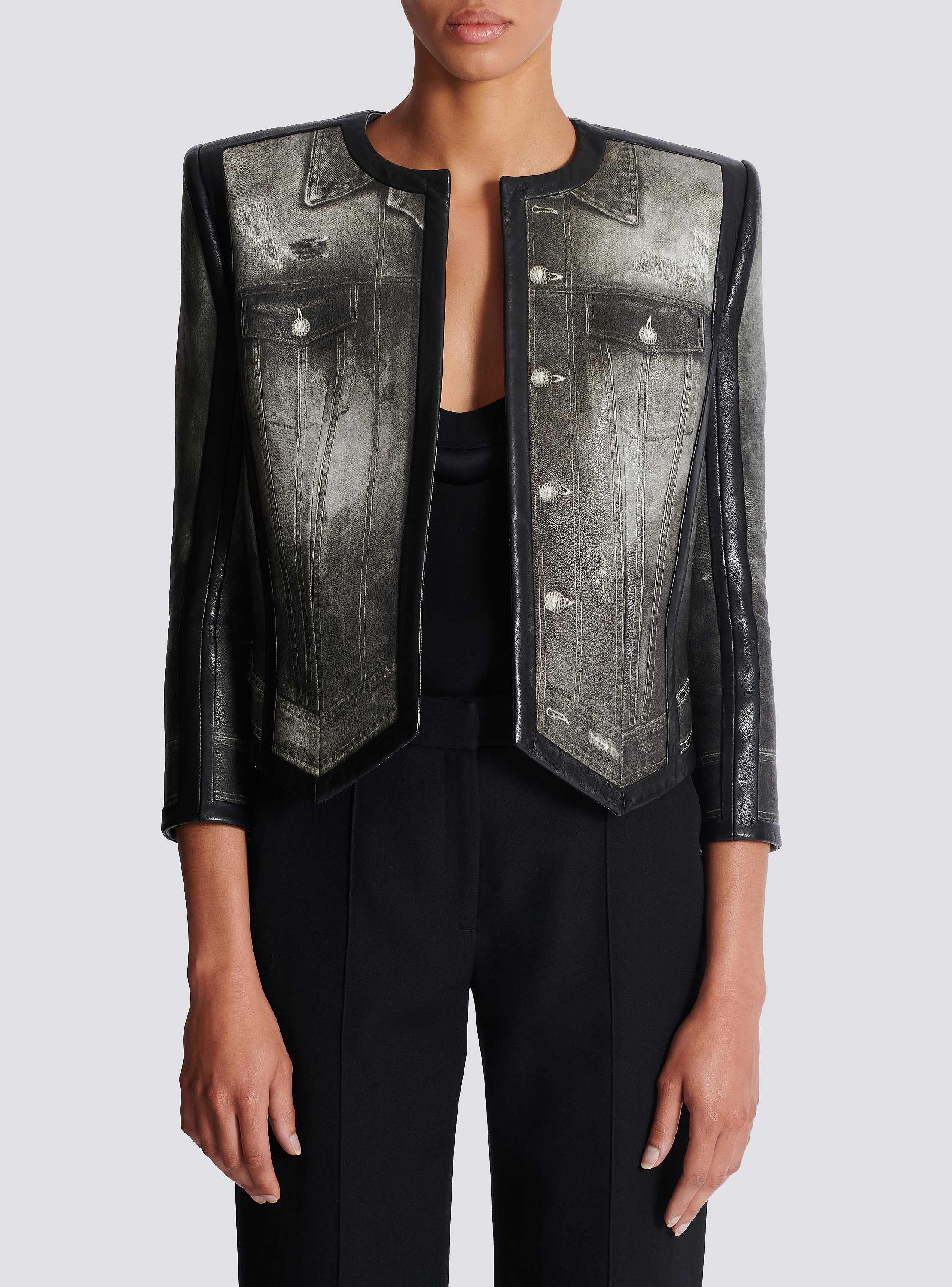 Denim print leather jacket