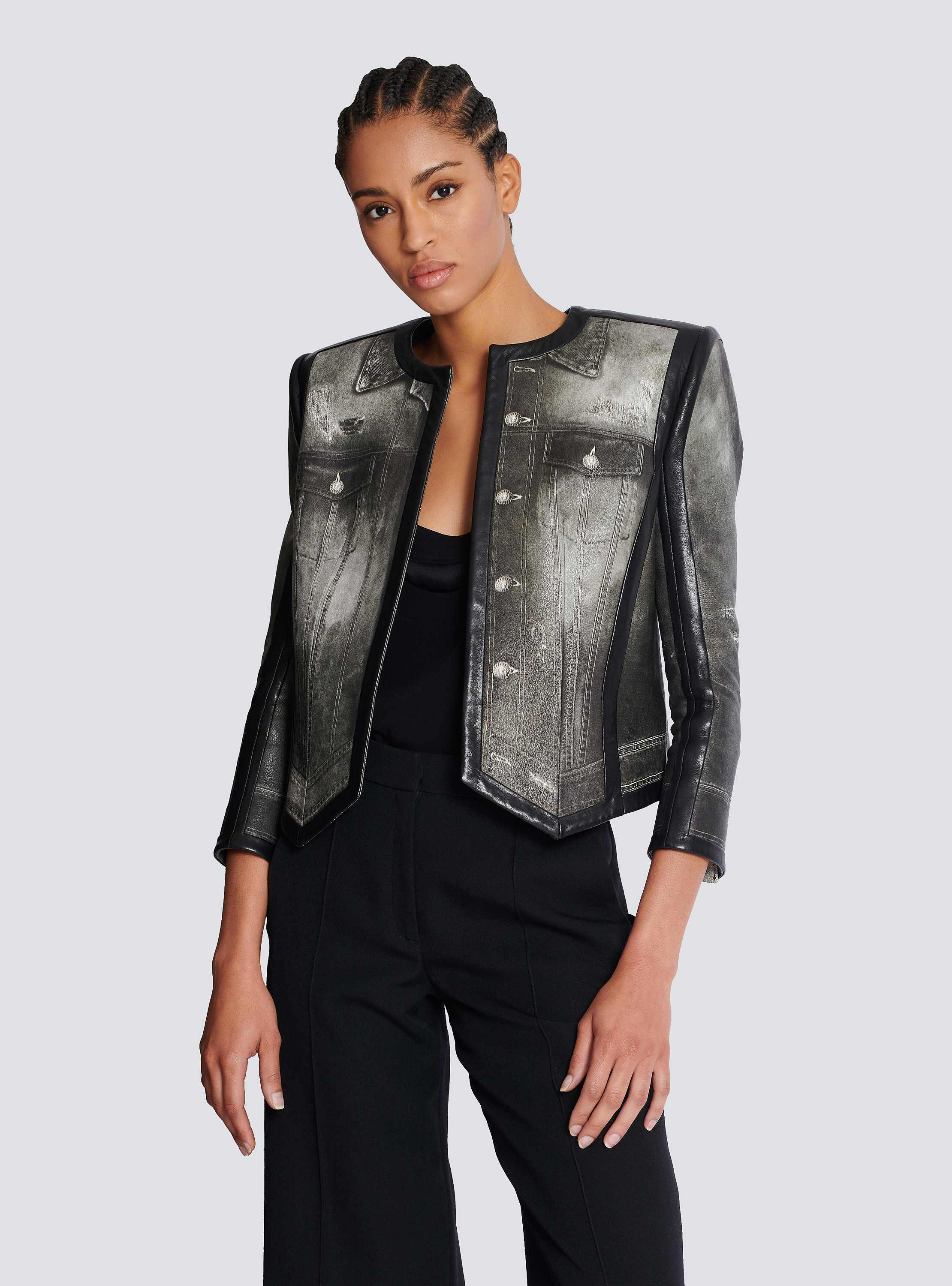 Denim print leather jacket