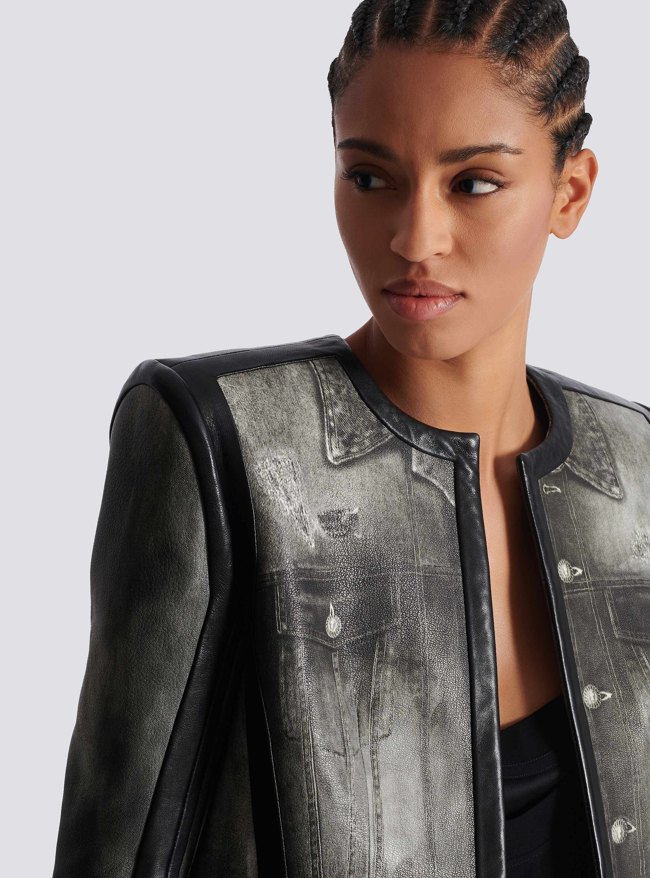 Denim print leather jacket