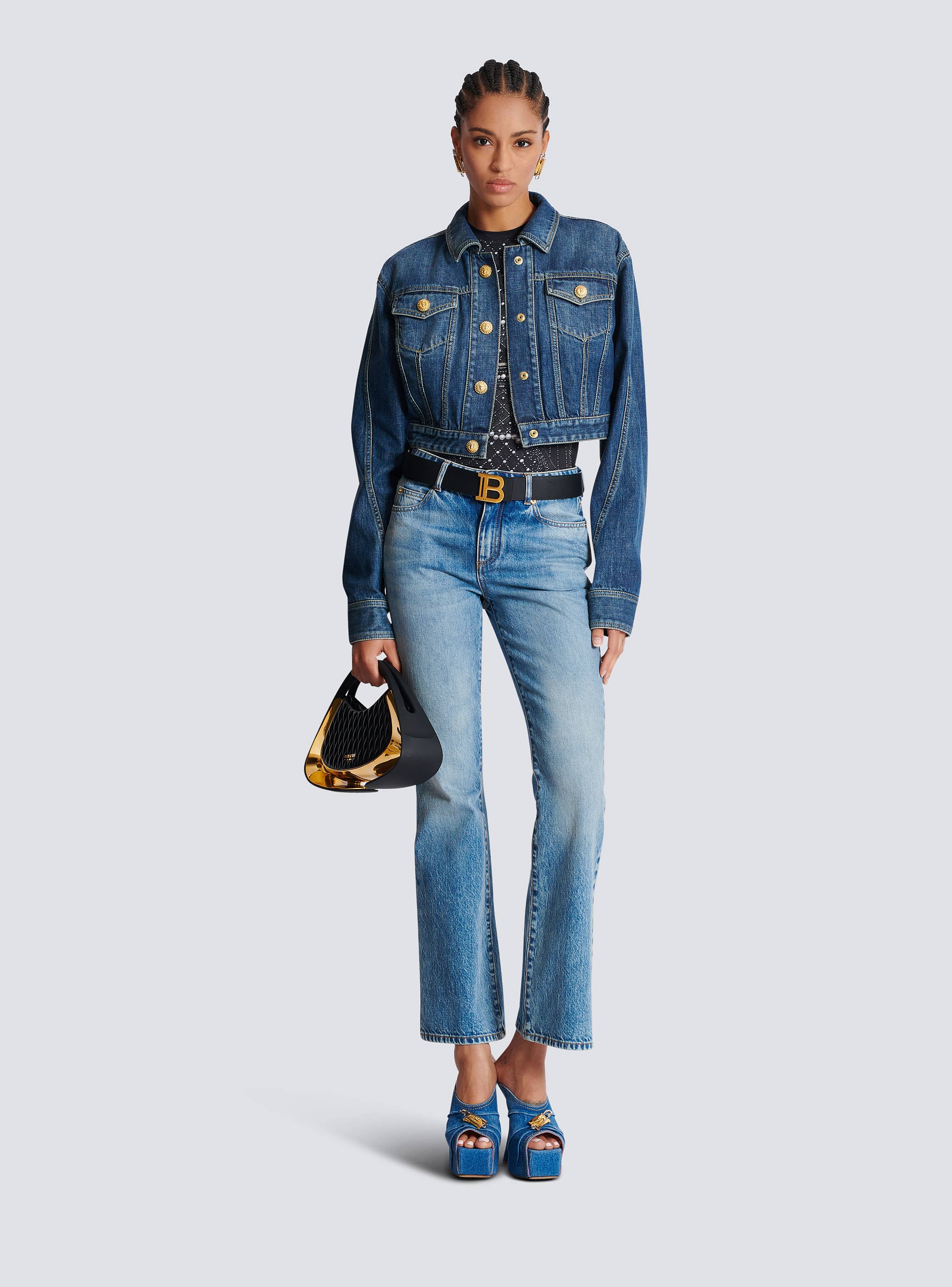 Cropped faded denim jacket blue - Women | BALMAIN
