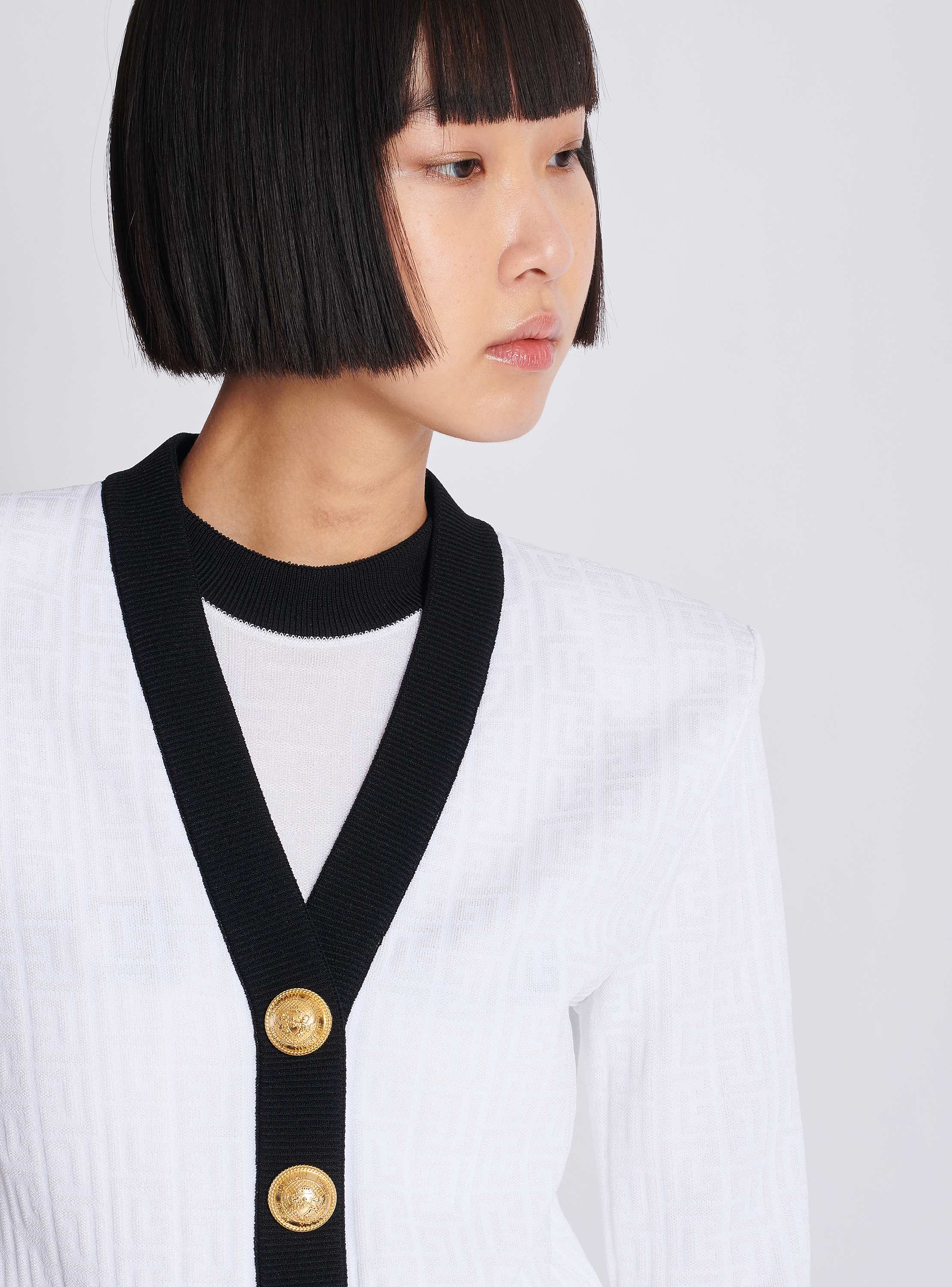 Two-tone monogrammed knit cardigan white white - Women | BALMAIN