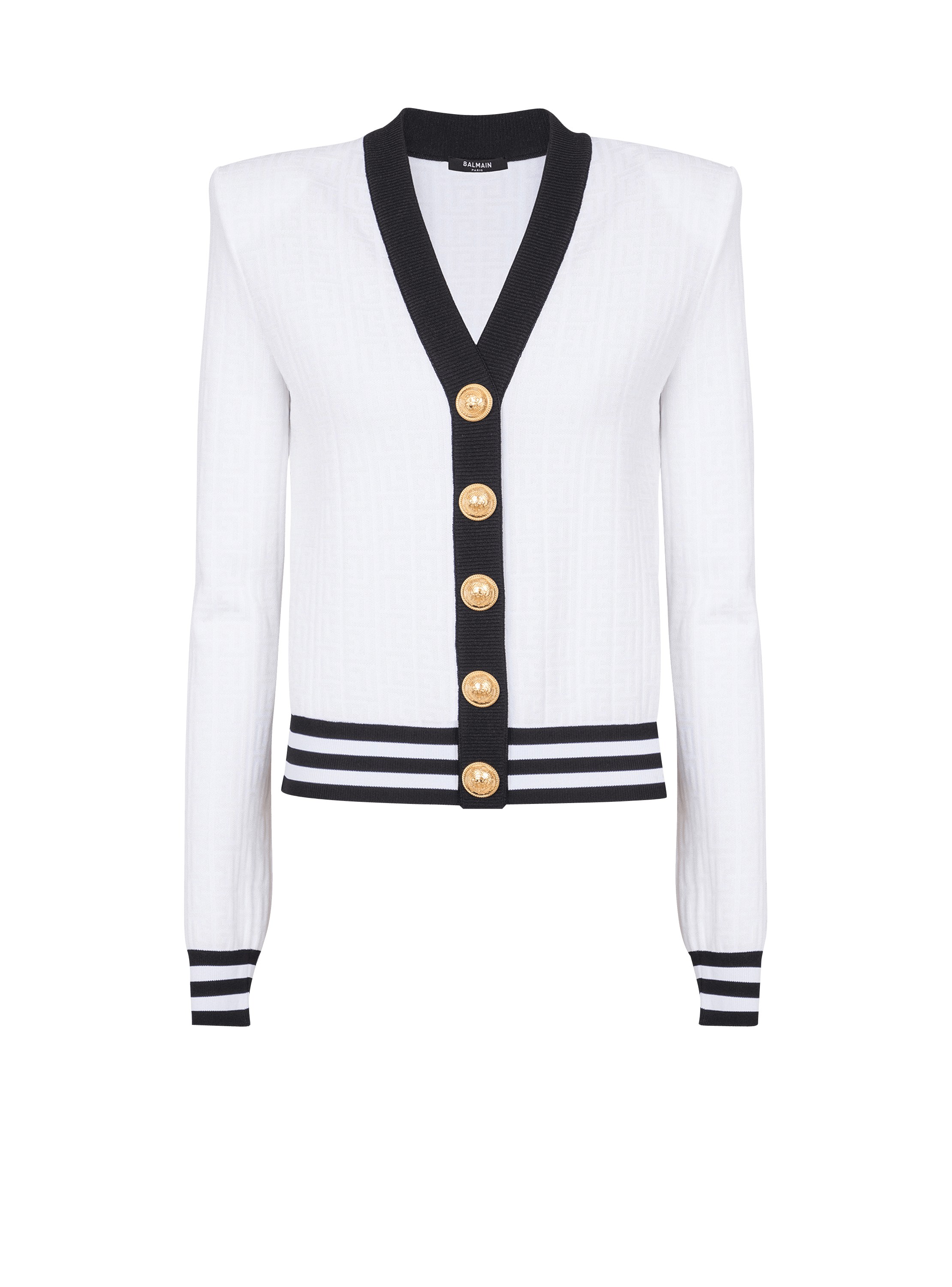 Two-tone monogrammed knit cardigan