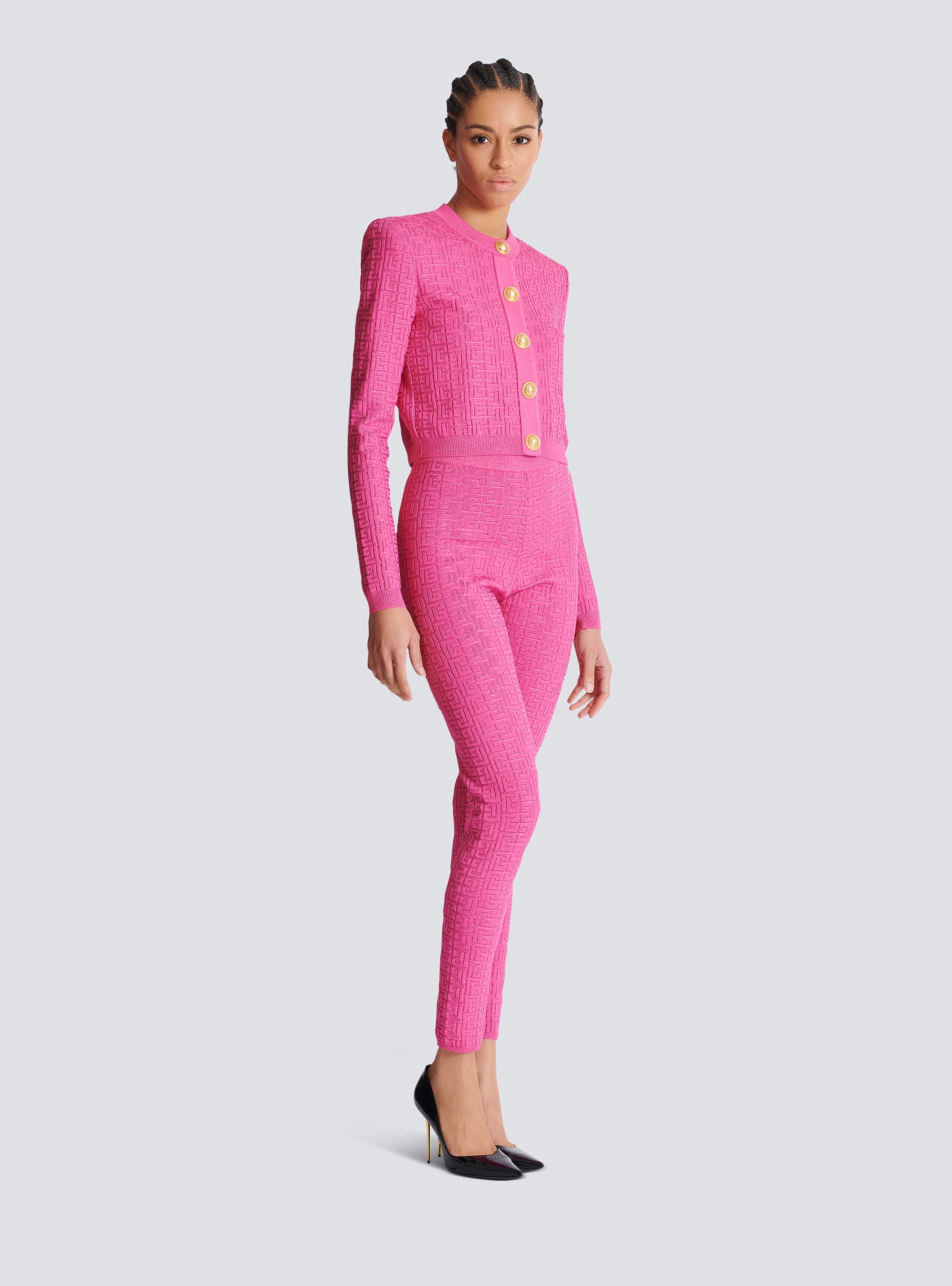 Cropped monogrammed knit cardigan pink - Women | BALMAIN