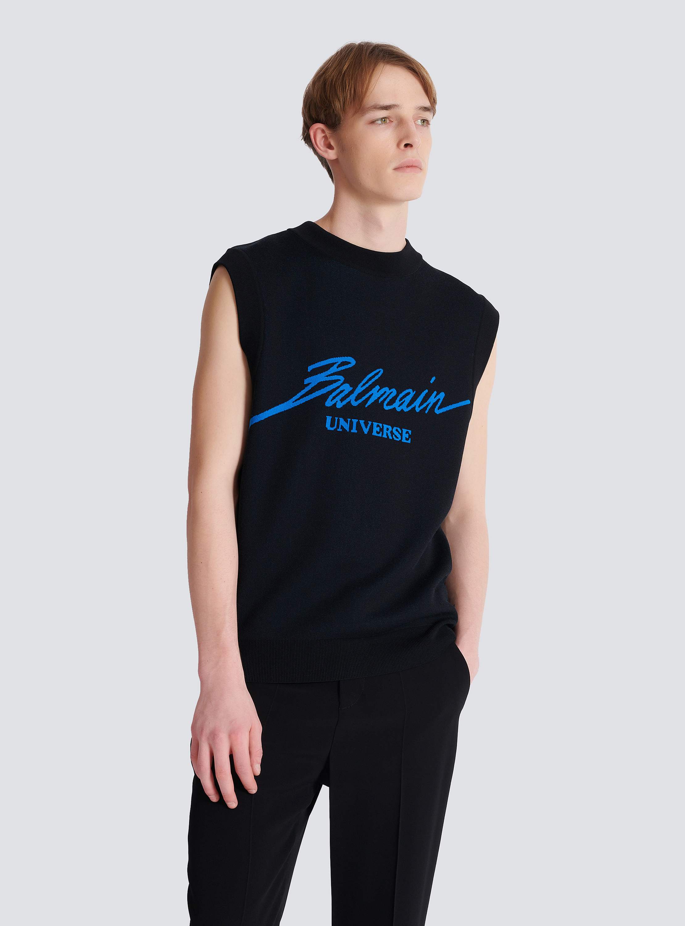 Sleeveless Balmain Universe jacquard jumper