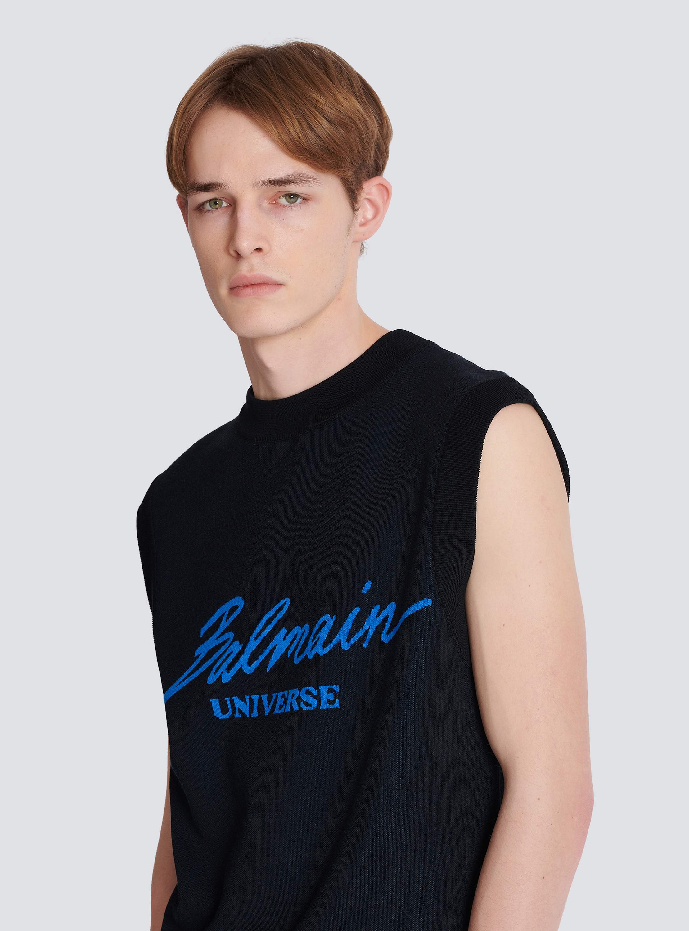 Sleeveless Balmain Universe jacquard jumper