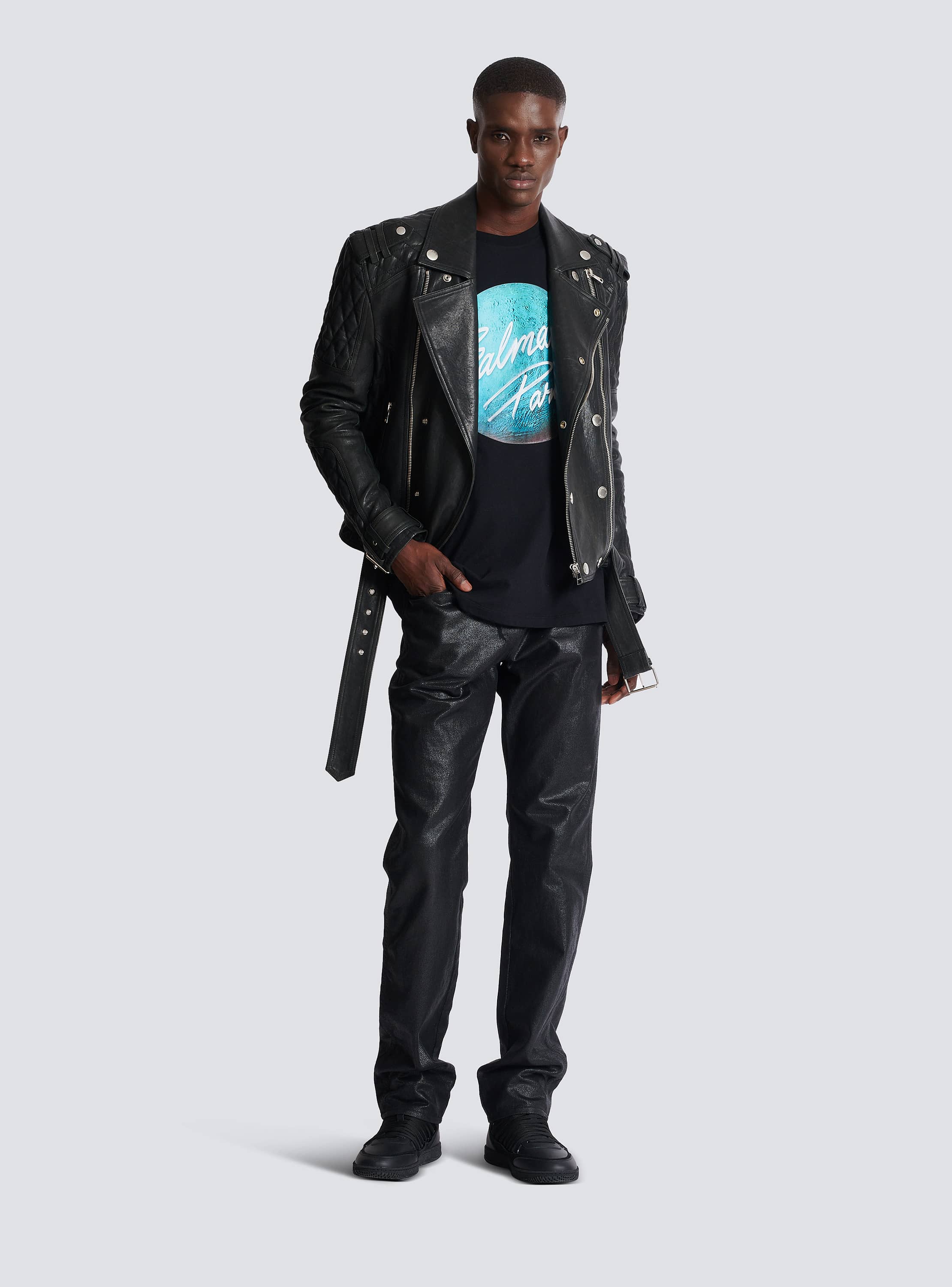 Printed Balmain Paris logo and planet T-shirt