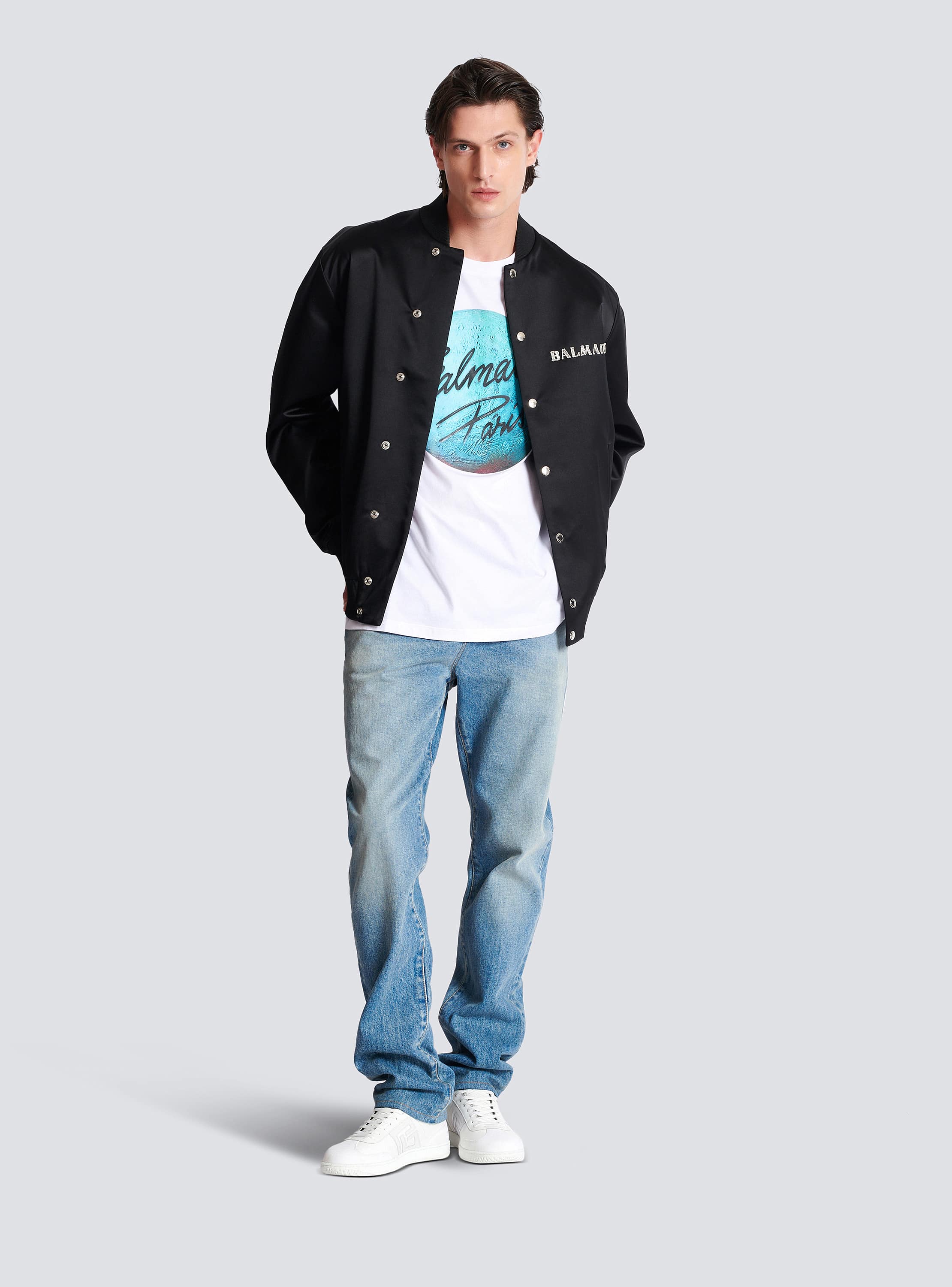 Printed Balmain Paris logo and planet T-shirt - Men | BALMAIN