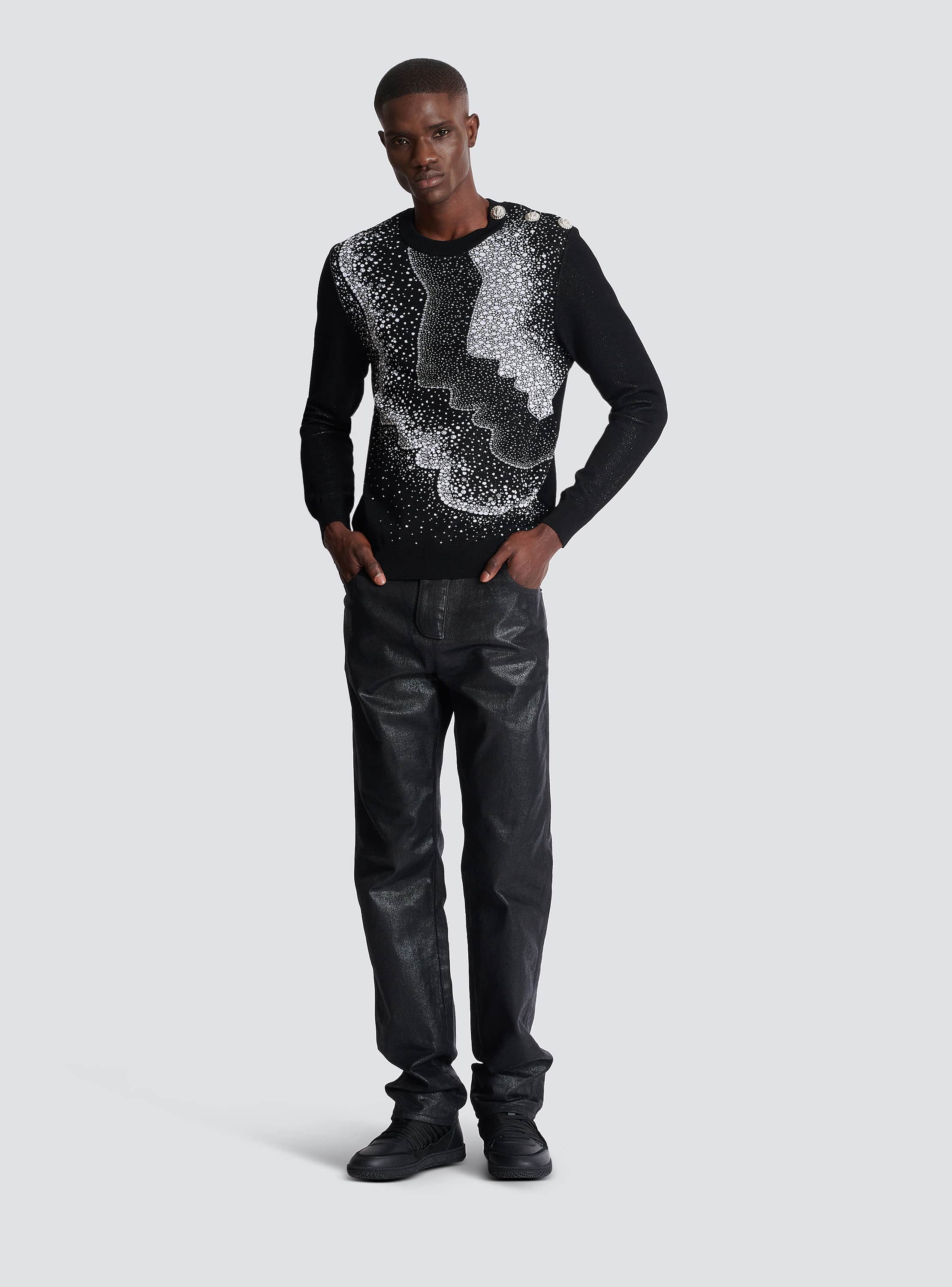 Faces jacquard buttoned knit sweater