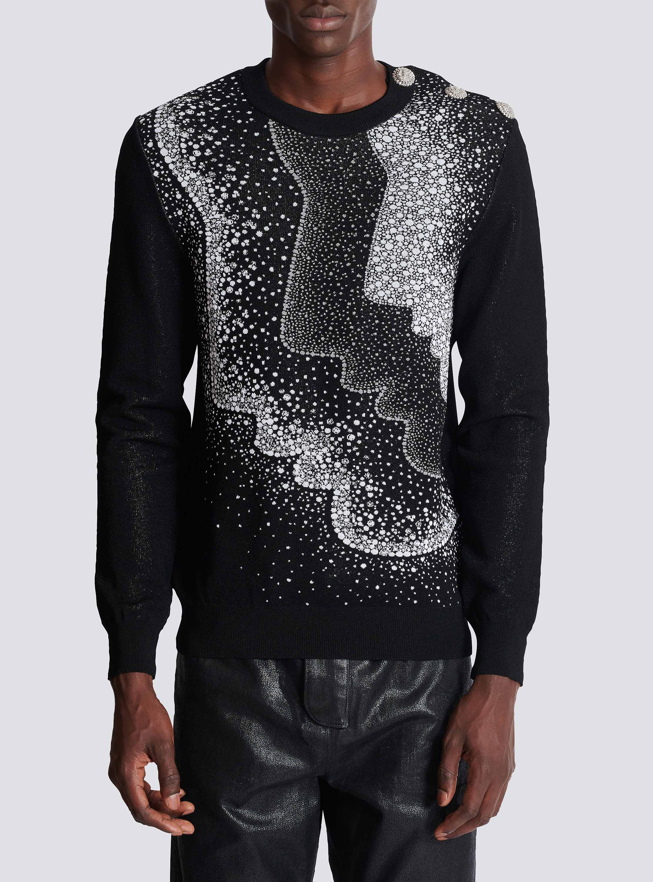 Faces jacquard buttoned knit sweater