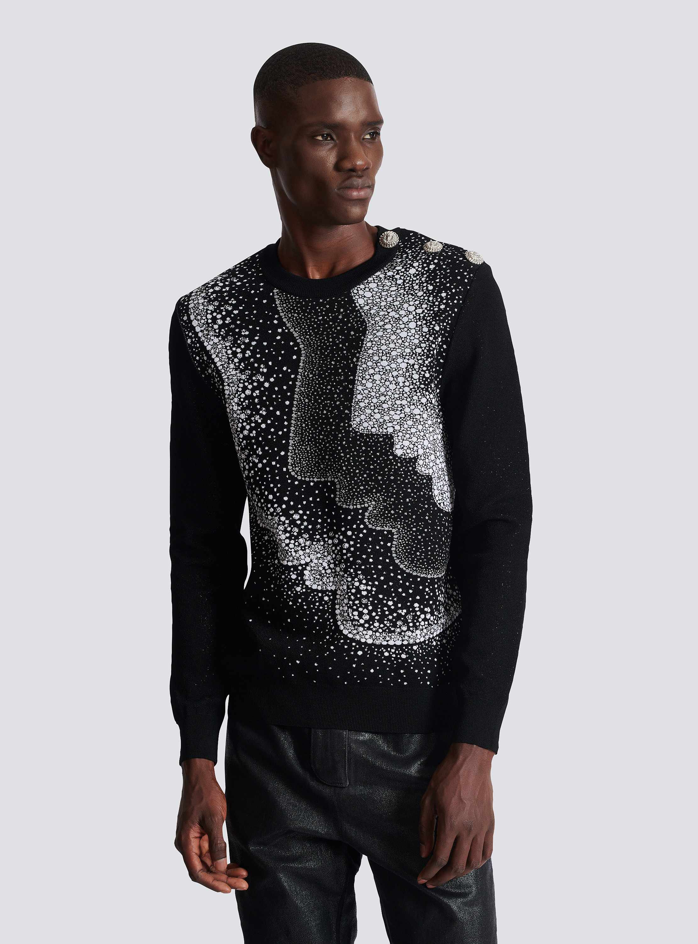 Faces jacquard buttoned knit sweater