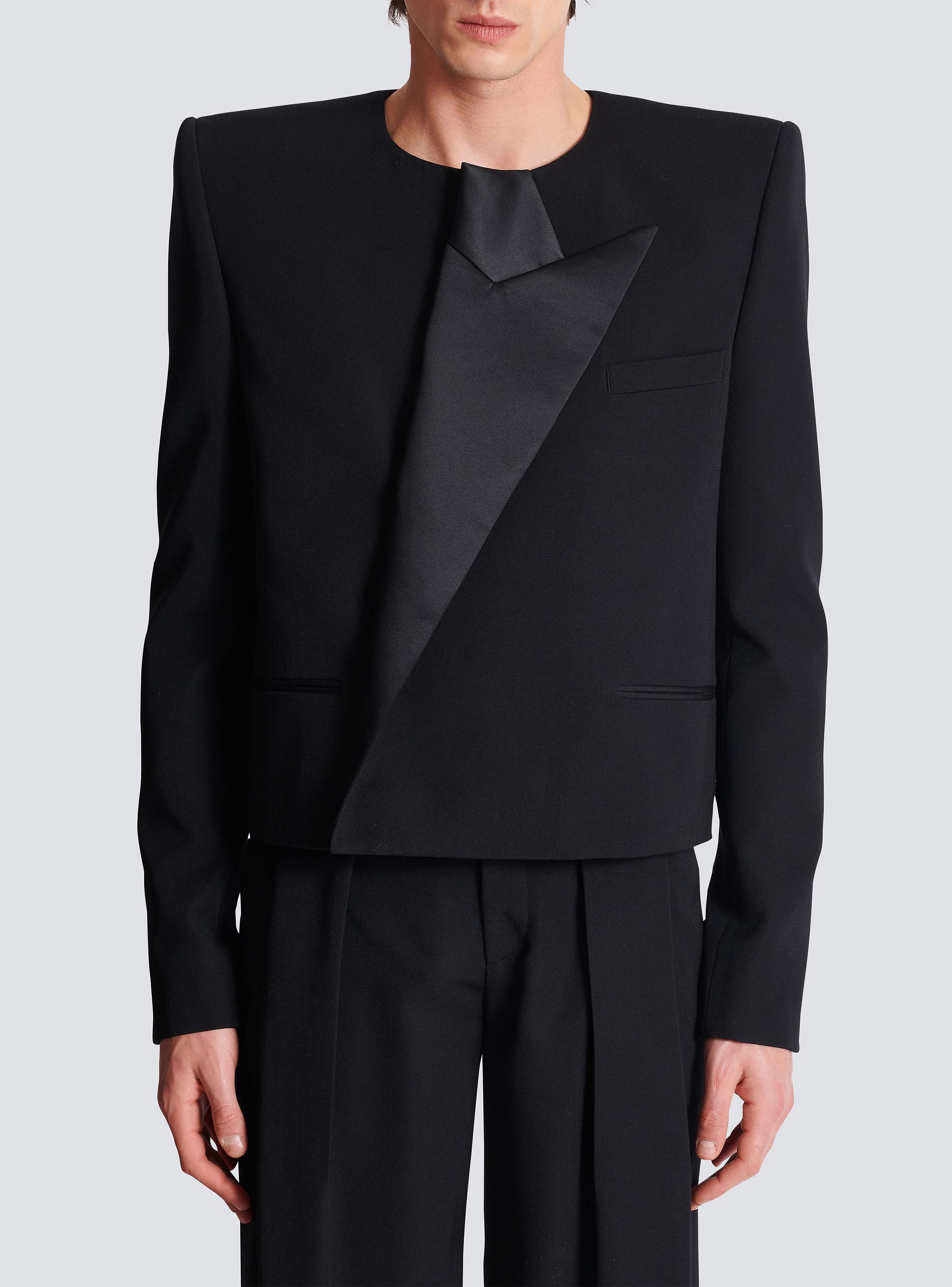 Cropped grain de poudre jacket with asymmetrical collar