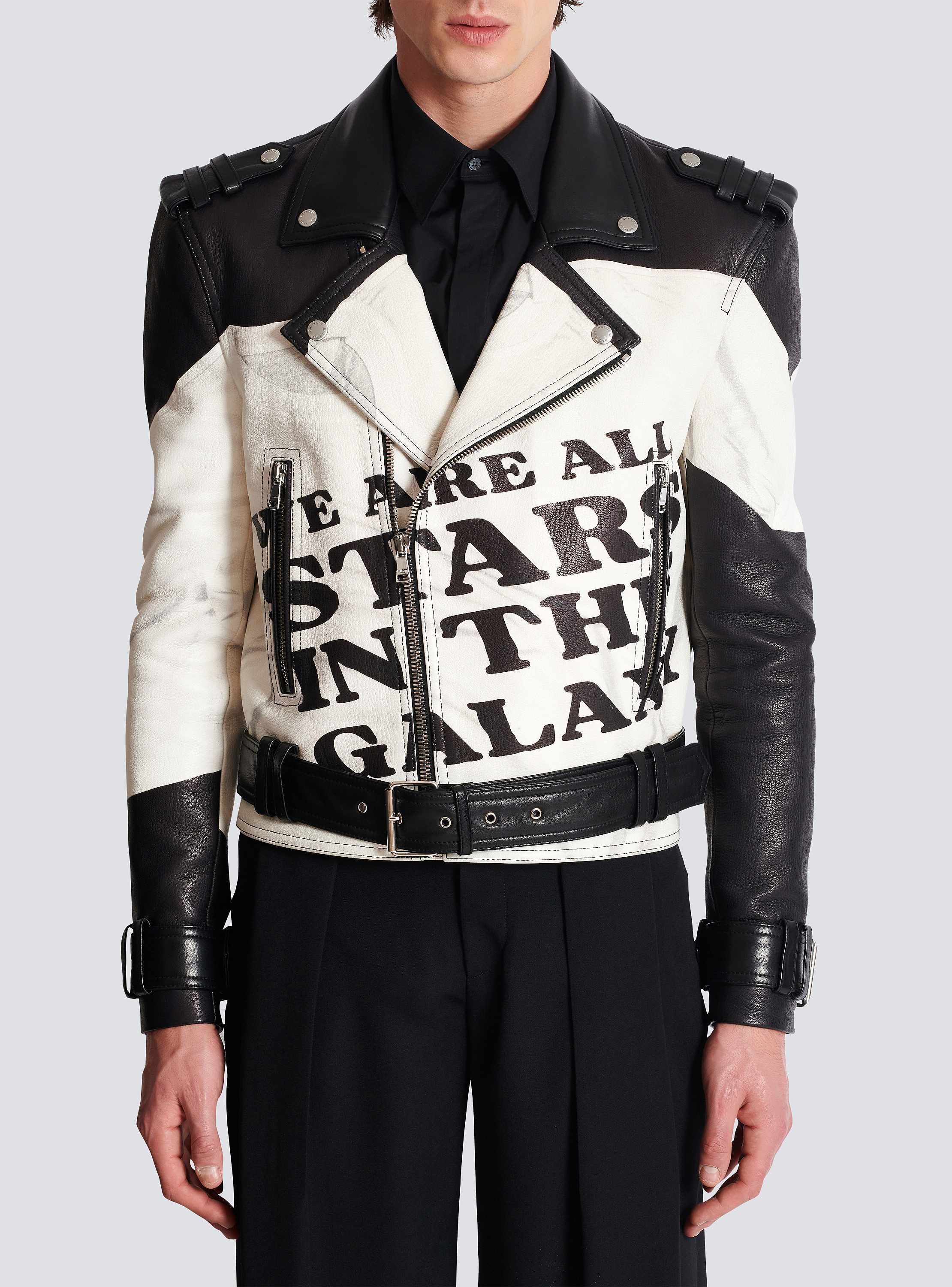 Leather biker jacket with trompe-l'œil T-shirt print black