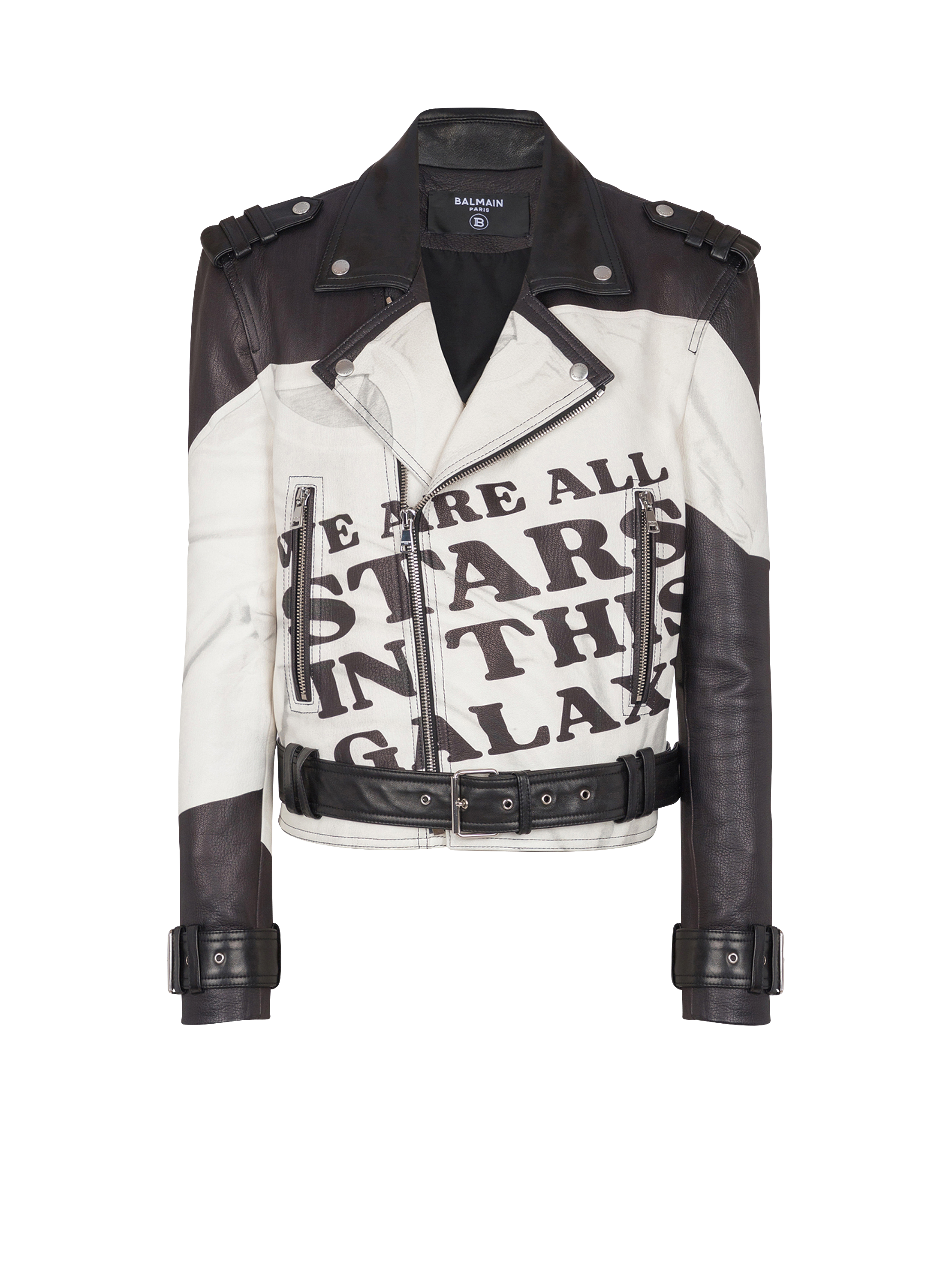 Leather biker jacket with trompe-l'œil T-shirt print